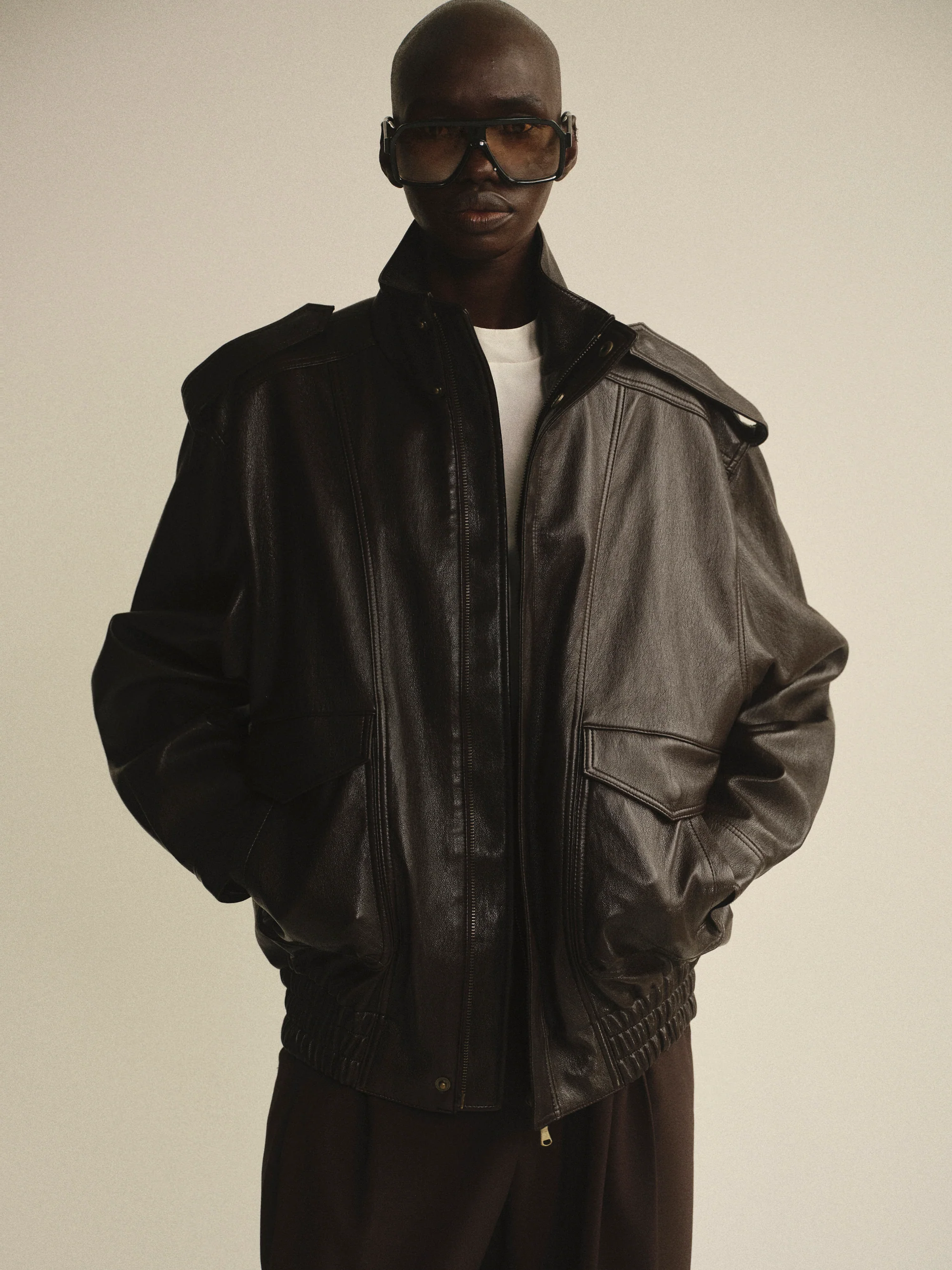 Faux-Leather Aviator Jacket, Brown - Image 2