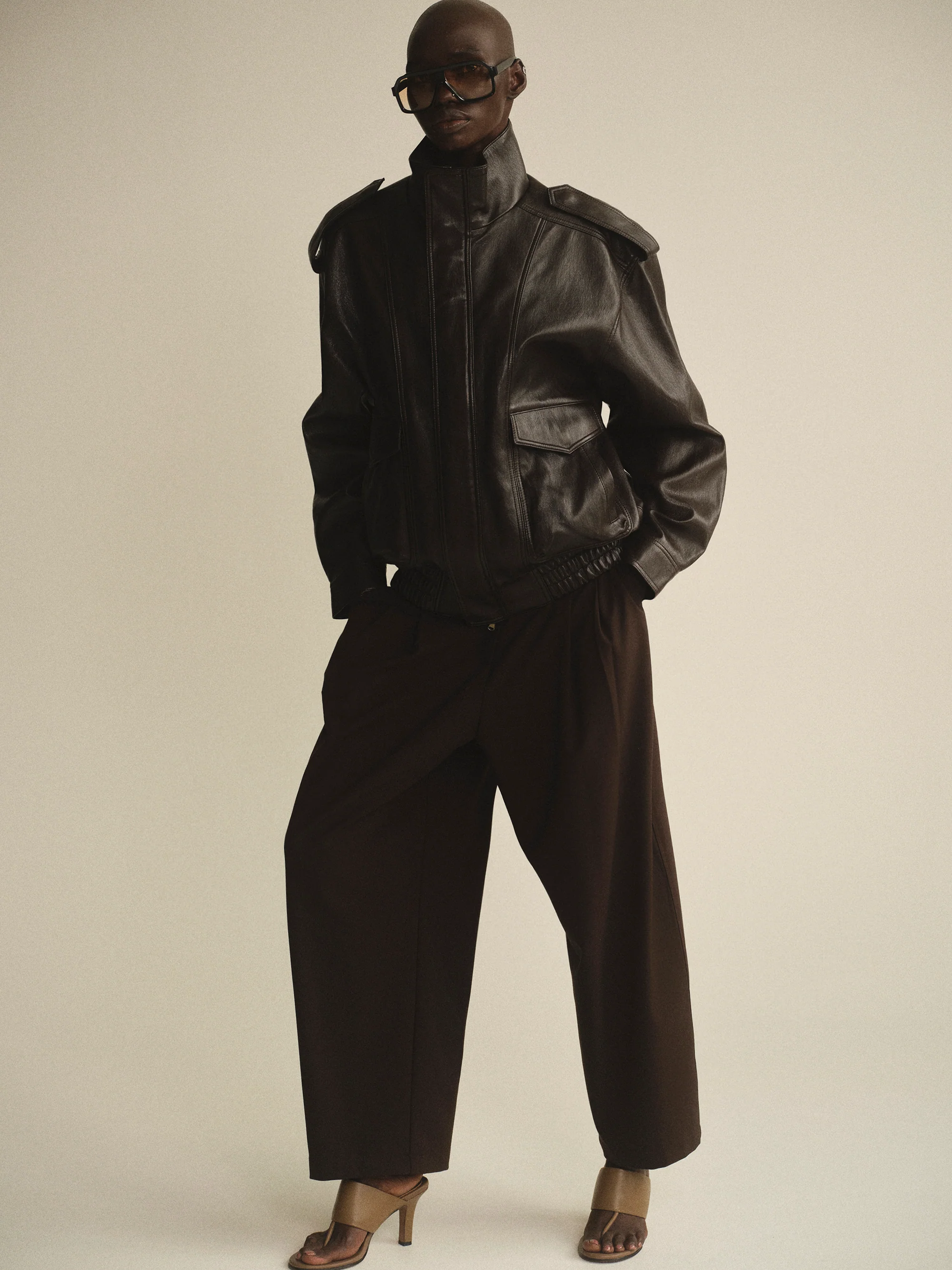 Faux-Leather Aviator Jacket, Brown - Image 3