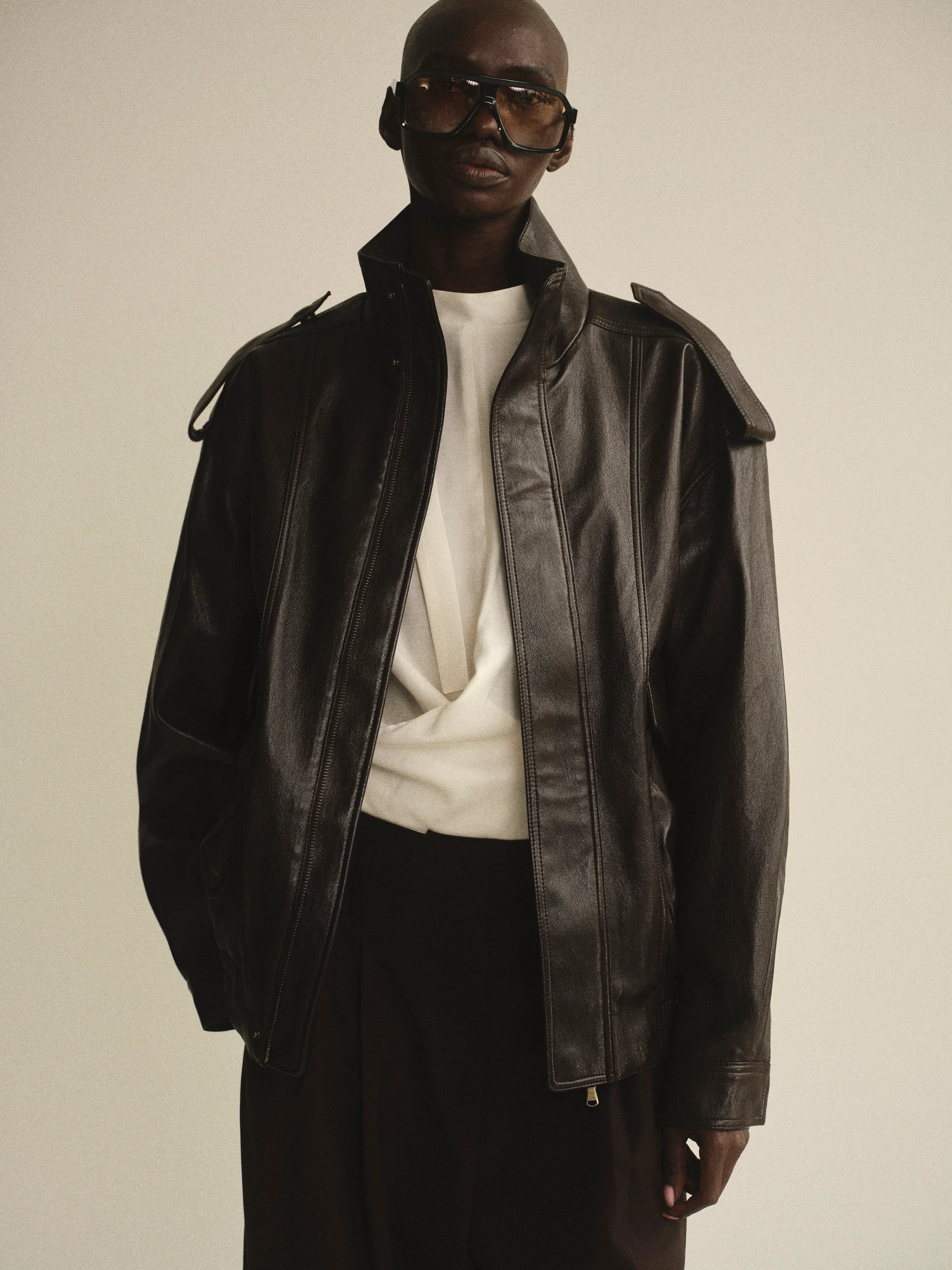 Faux-Leather Aviator Jacket, Brown - Image 4
