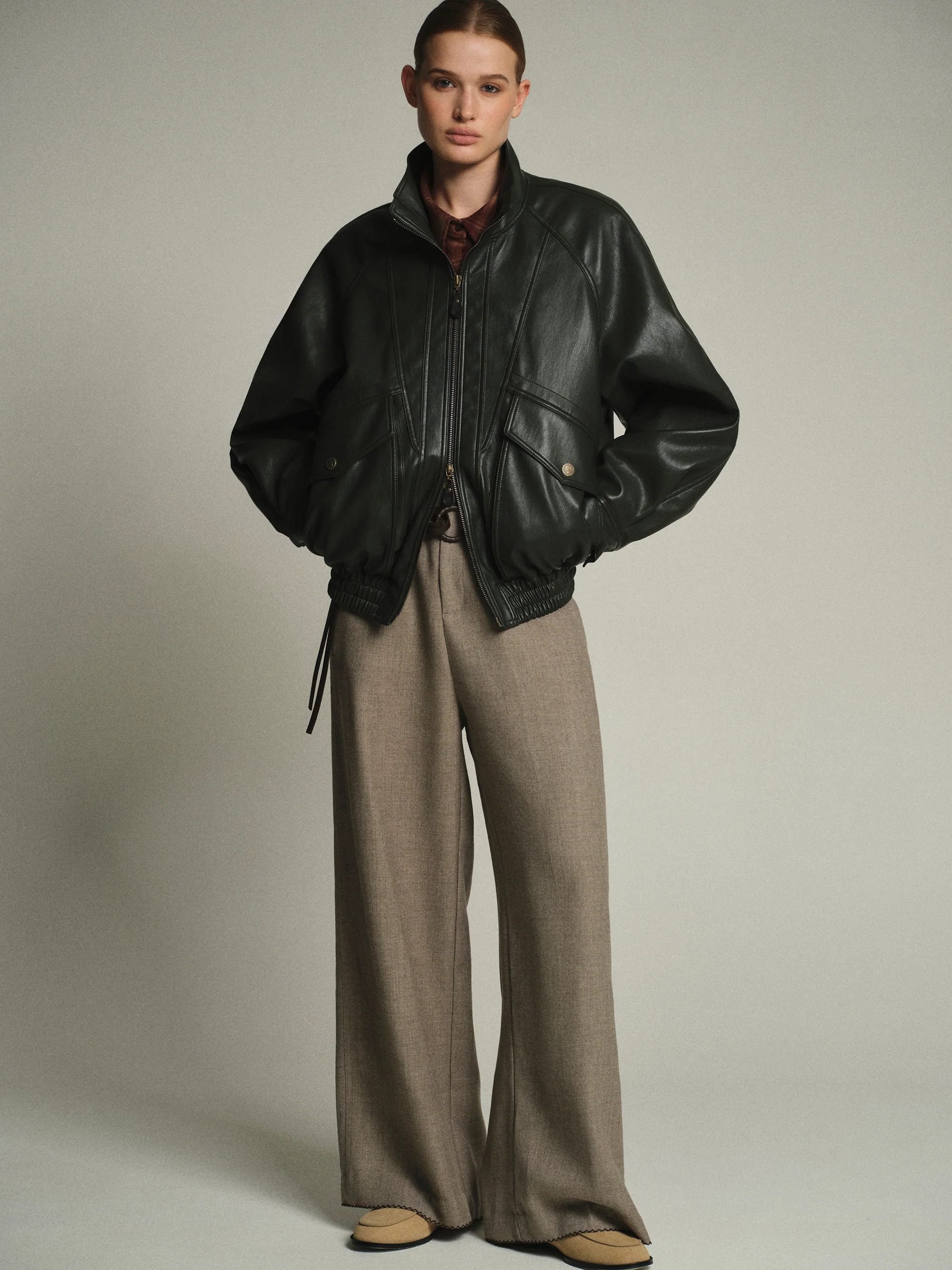 Faux-Leather Bomber Jacket, Deep Green
