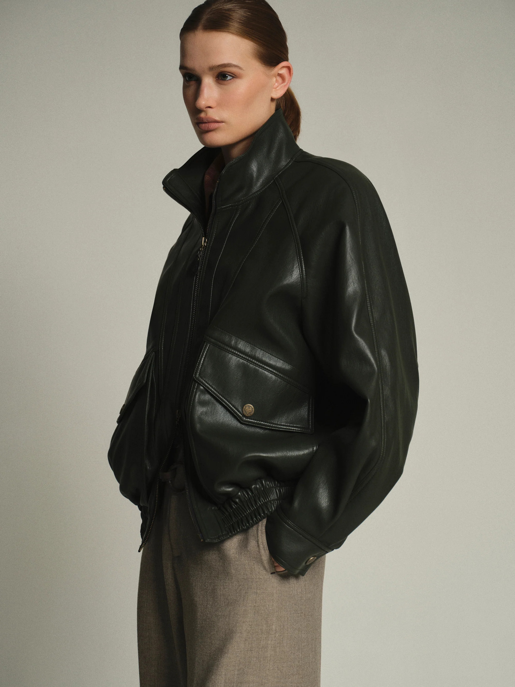 Faux-Leather Bomber Jacket, Deep Green - Image 2