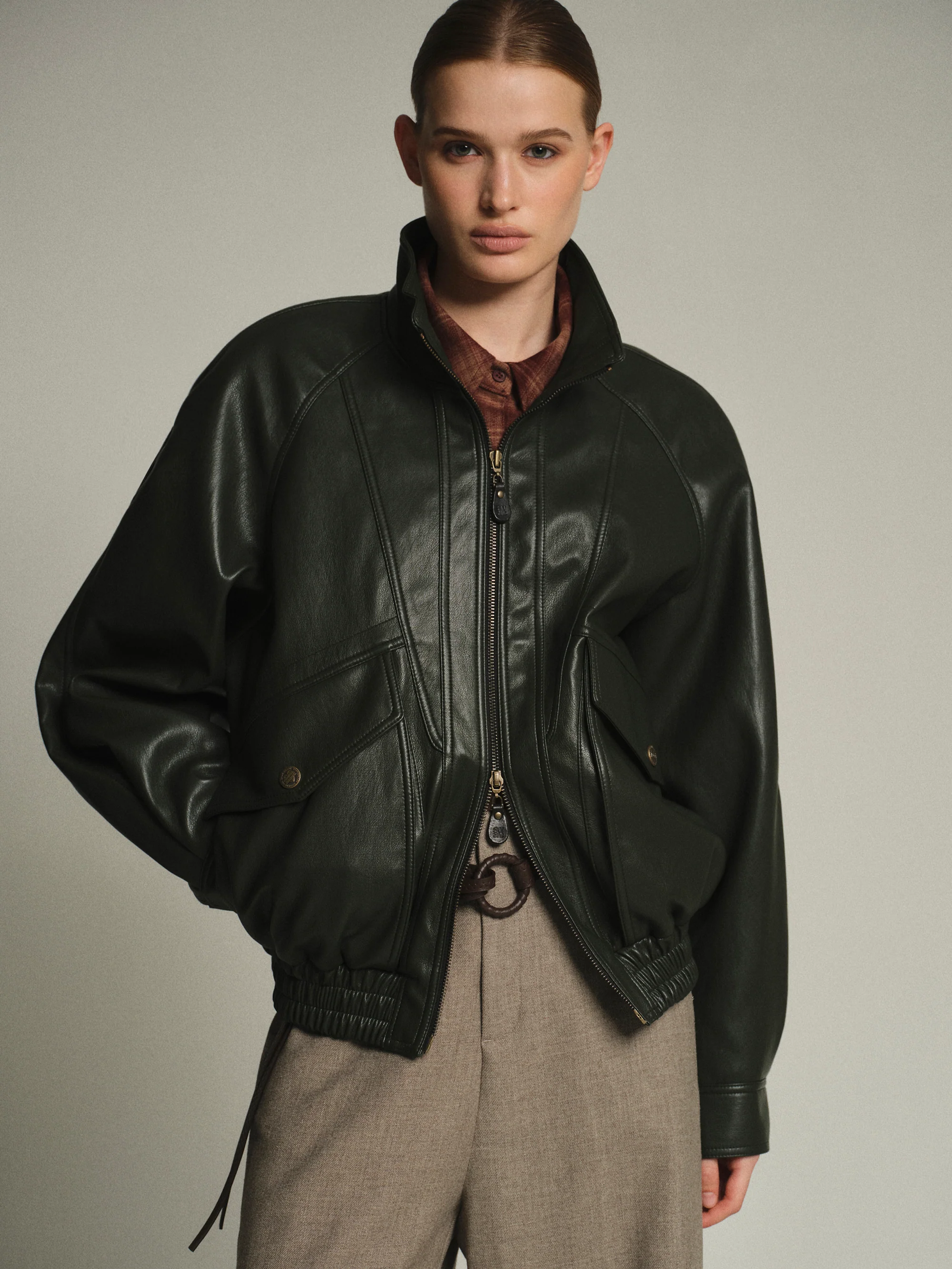 Faux-Leather Bomber Jacket, Deep Green - Image 3