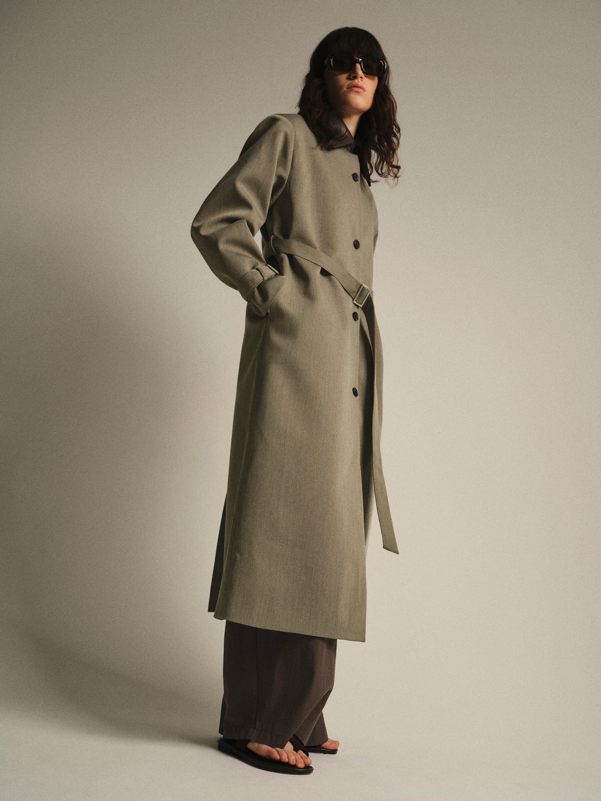 Faux-Leather Collar Long Coat, Brown