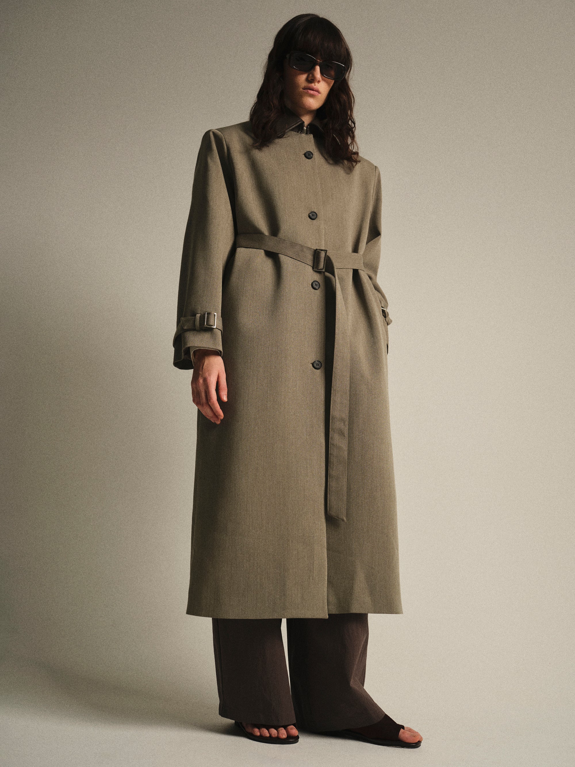 Faux-Leather Collar Long Coat, Brown - Image 2