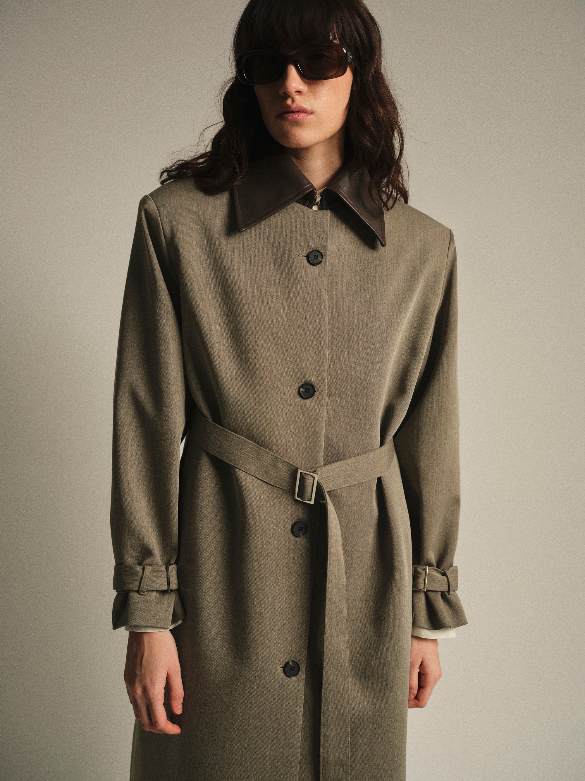 Faux-Leather Collar Long Coat, Brown - Image 3