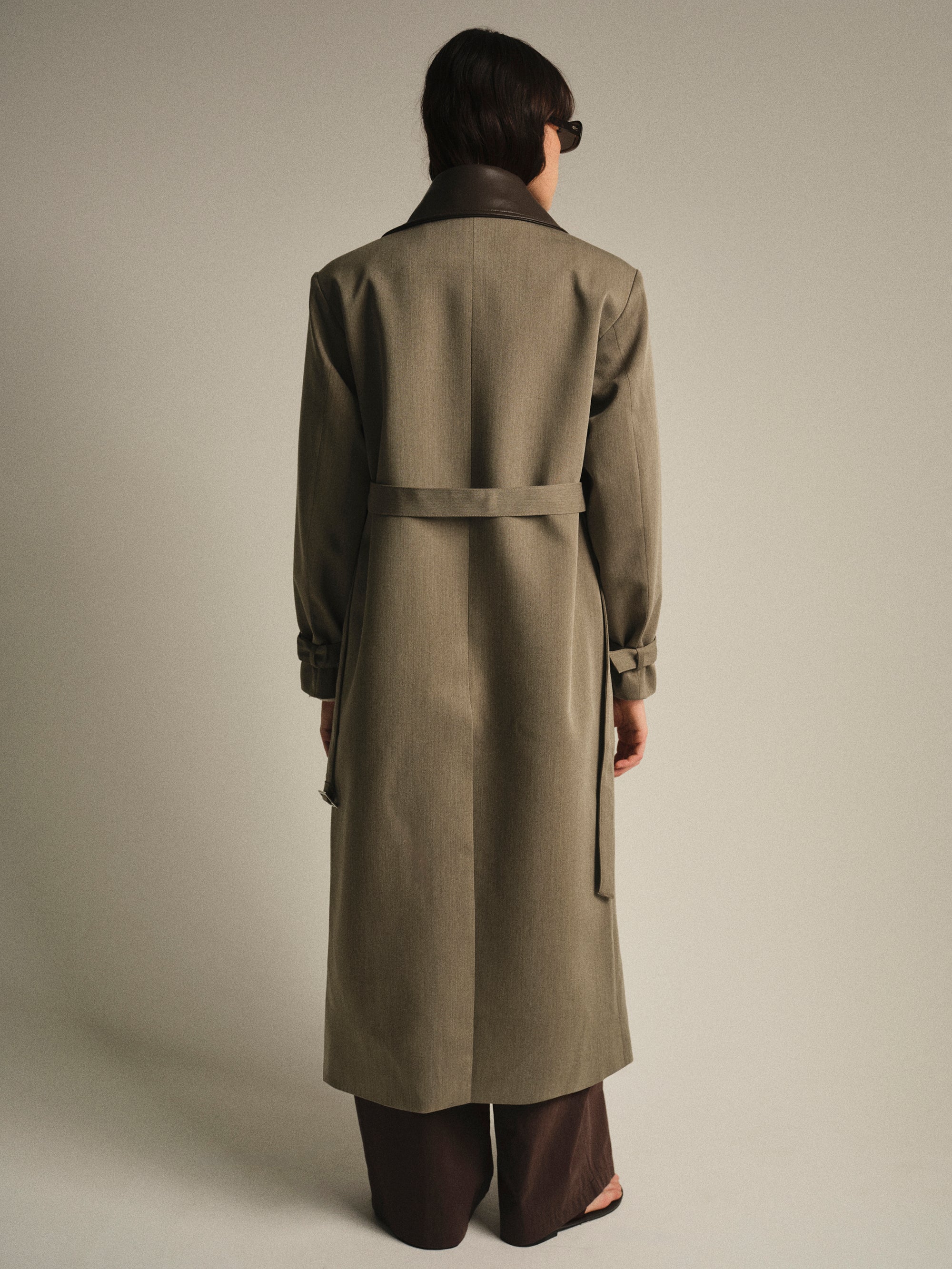 Faux-Leather Collar Long Coat, Brown - Image 4