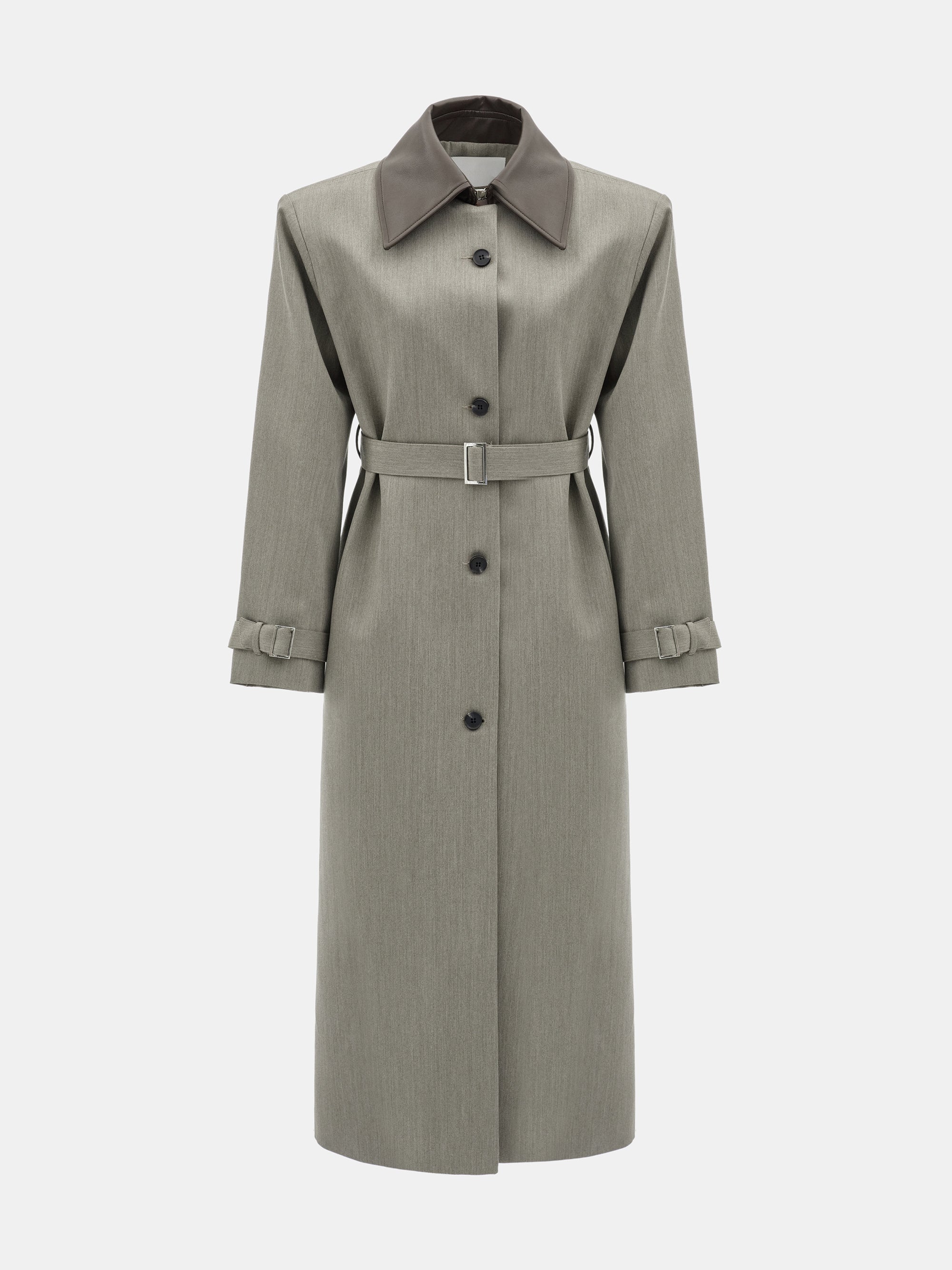 Faux-Leather Collar Long Coat, Brown - Image 5