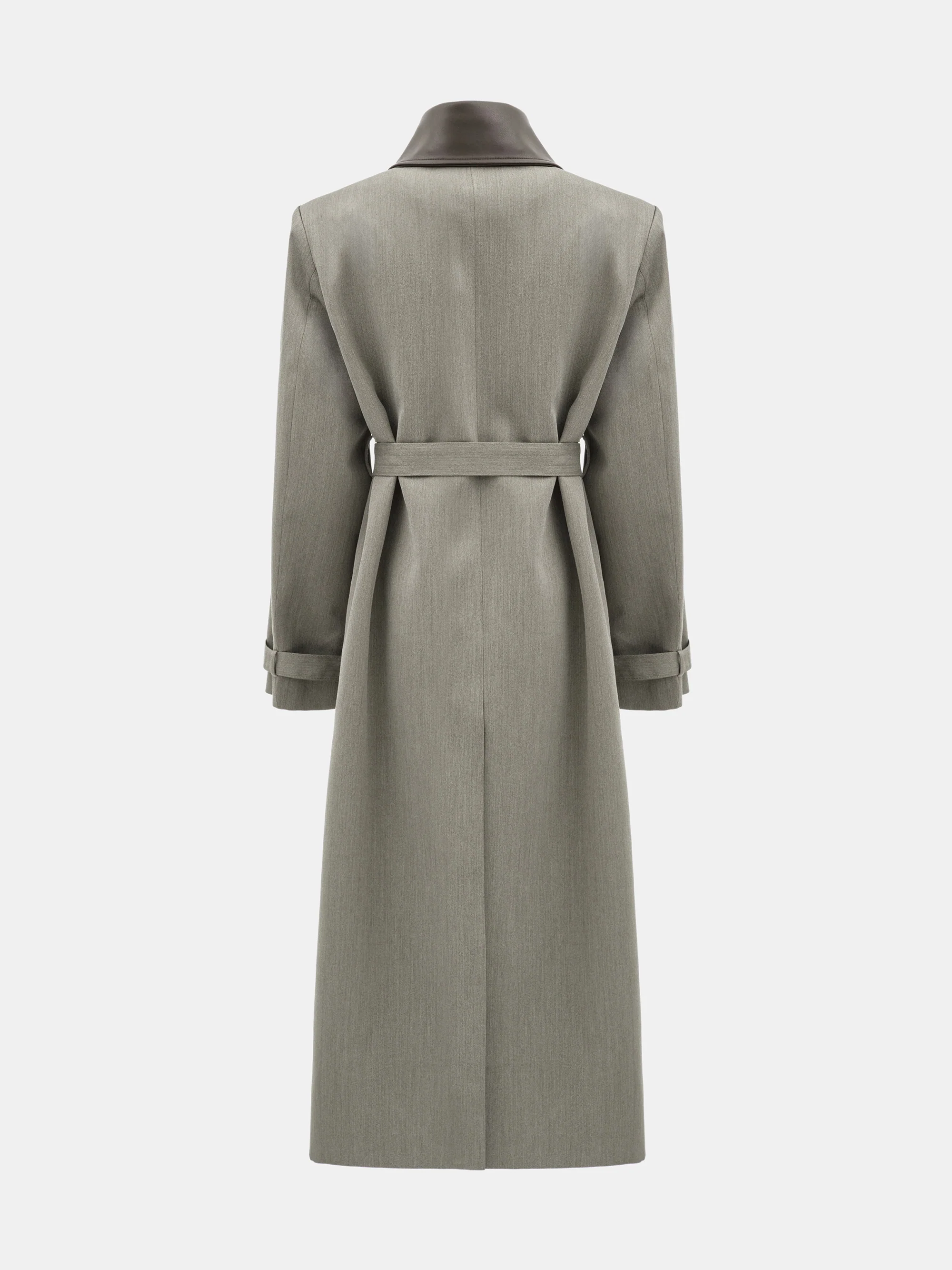 Faux-Leather Collar Long Coat, Brown - Image 6
