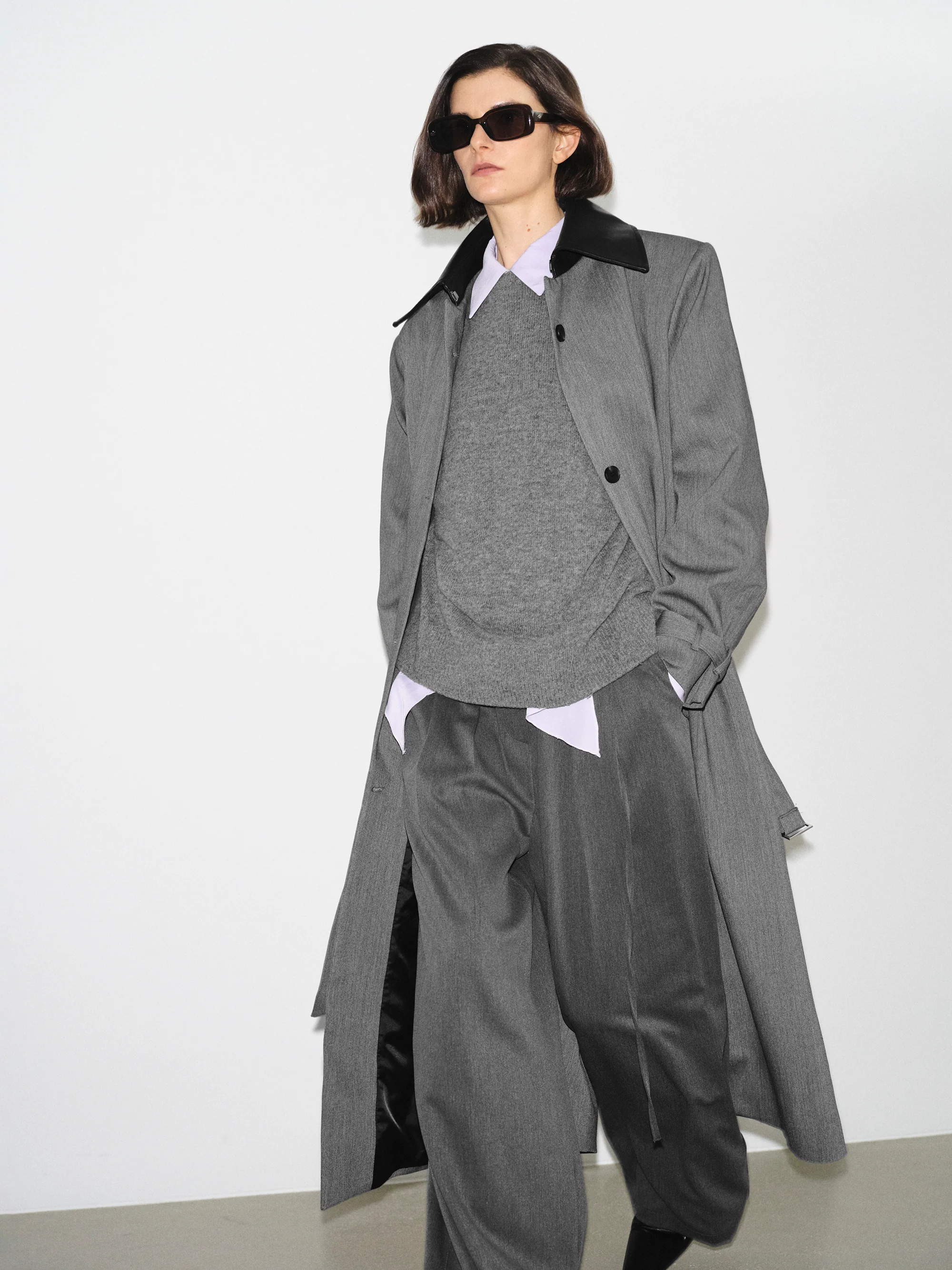 Faux-Leather Collar Long Coat, Grey
