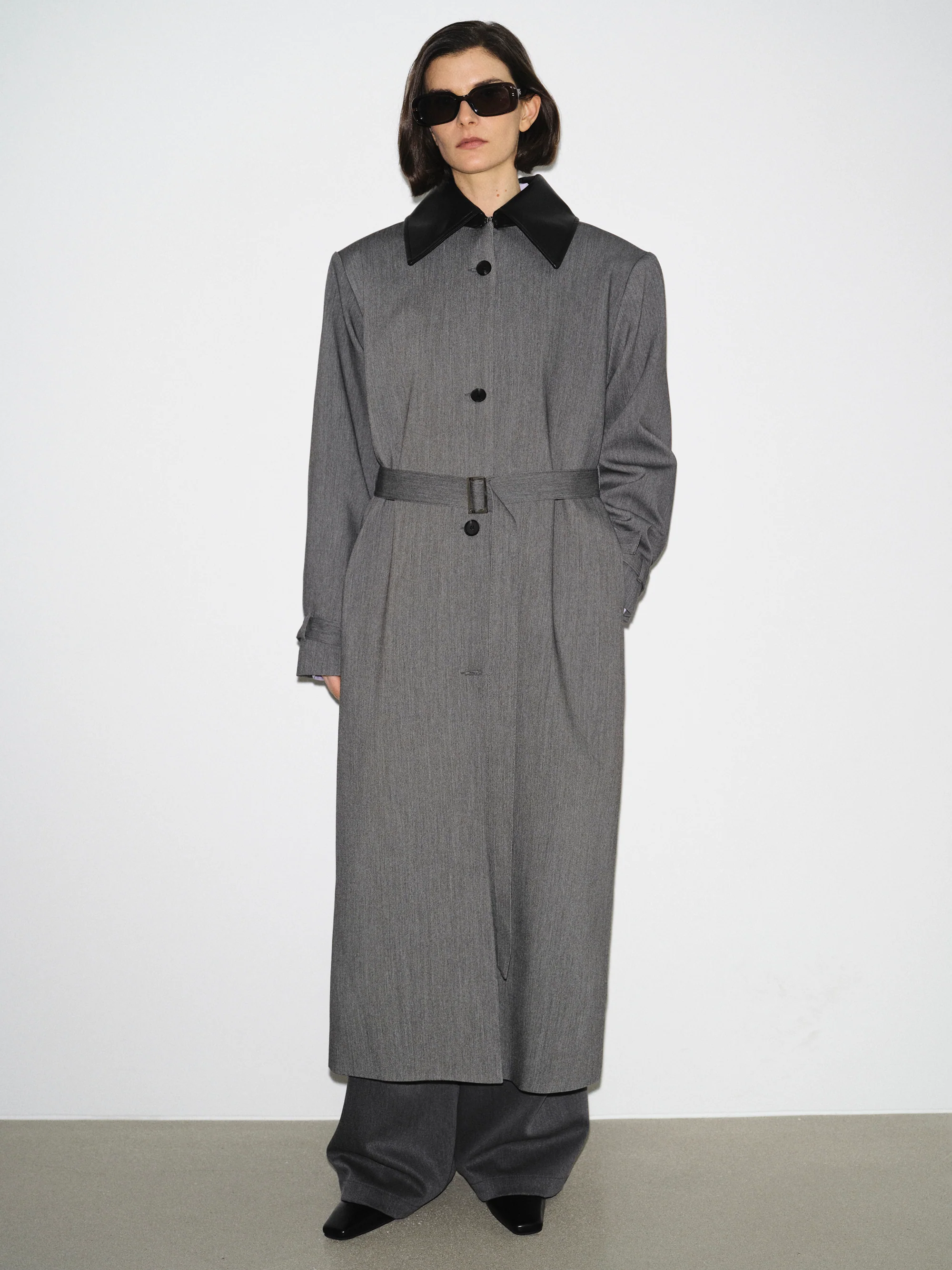 Faux-Leather Collar Long Coat, Grey - Image 2