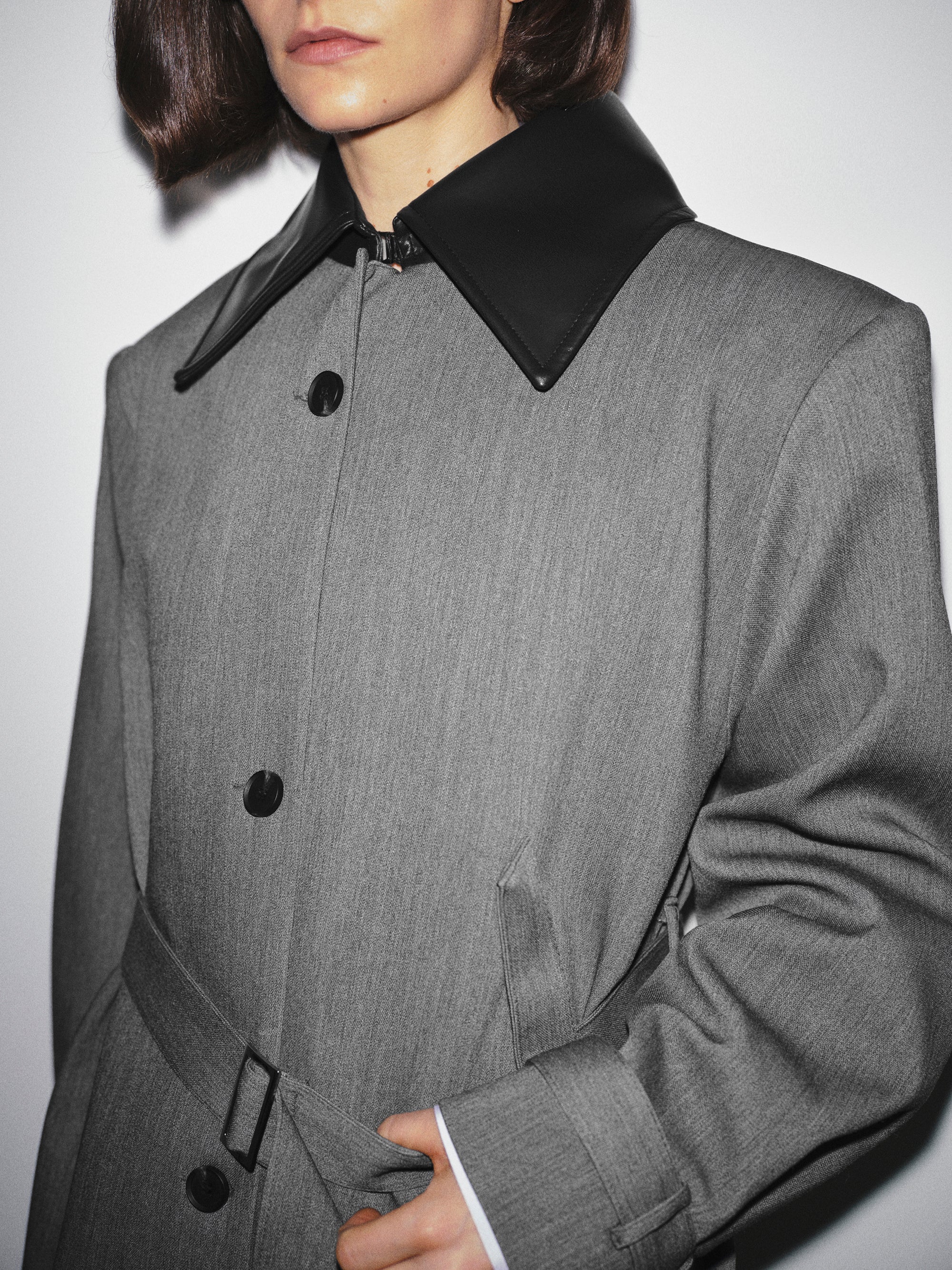 Faux-Leather Collar Long Coat, Grey - Image 3