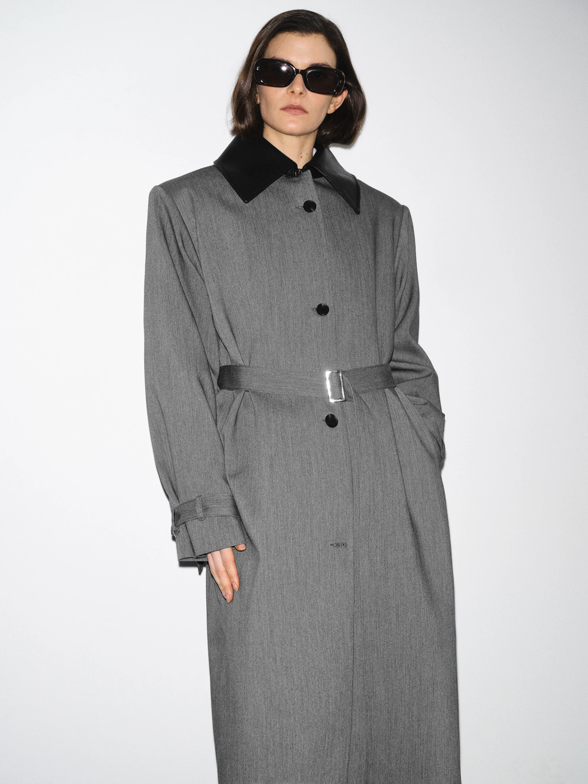 Faux-Leather Collar Long Coat, Grey - Image 4