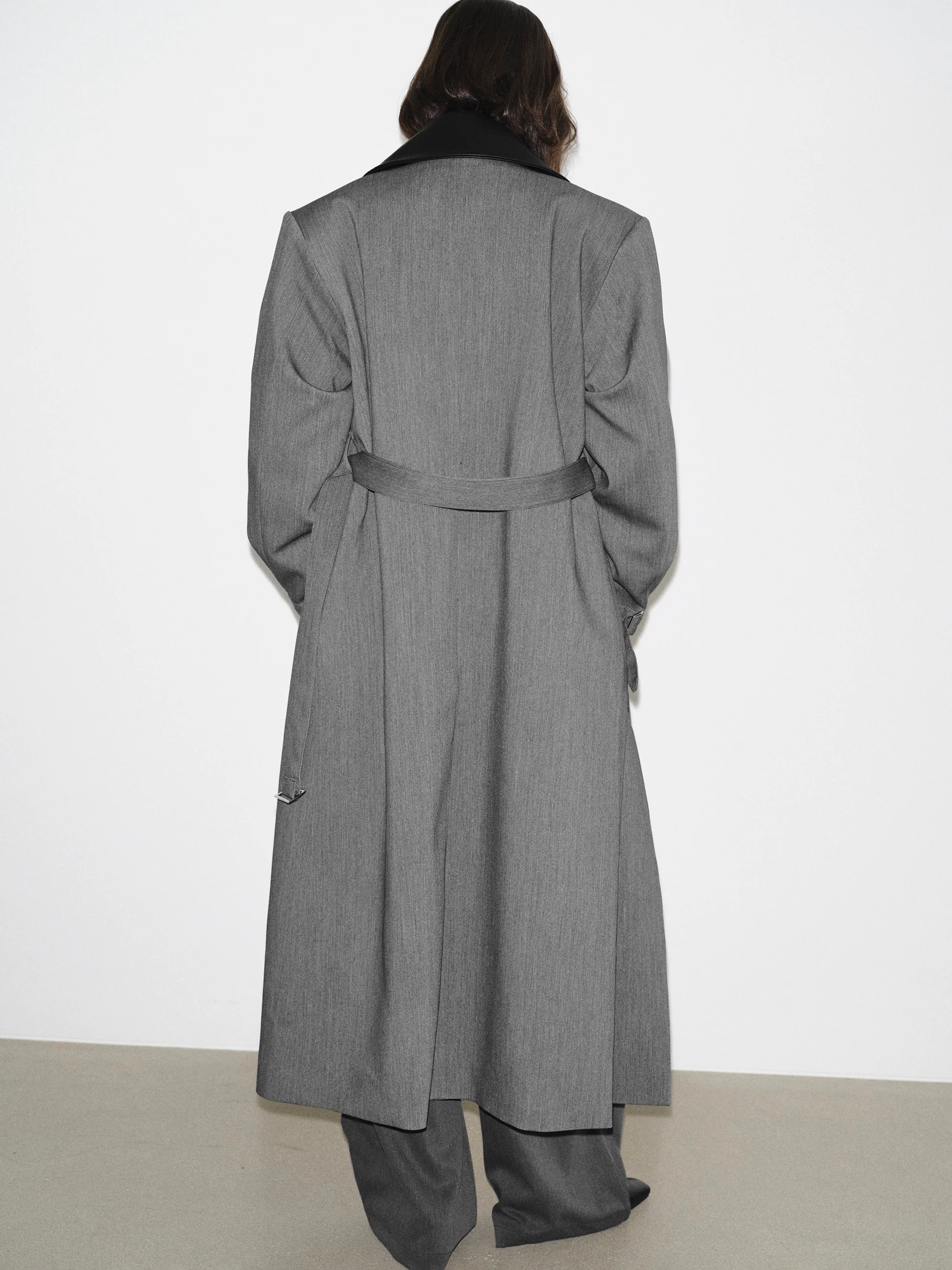 Faux-Leather Collar Long Coat, Grey - Image 5