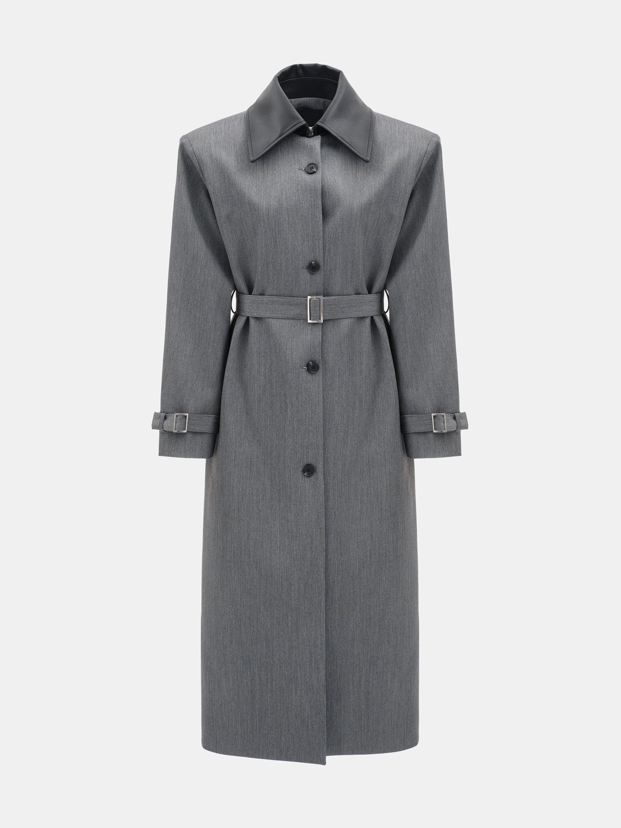 Faux-Leather Collar Long Coat, Grey - Image 6