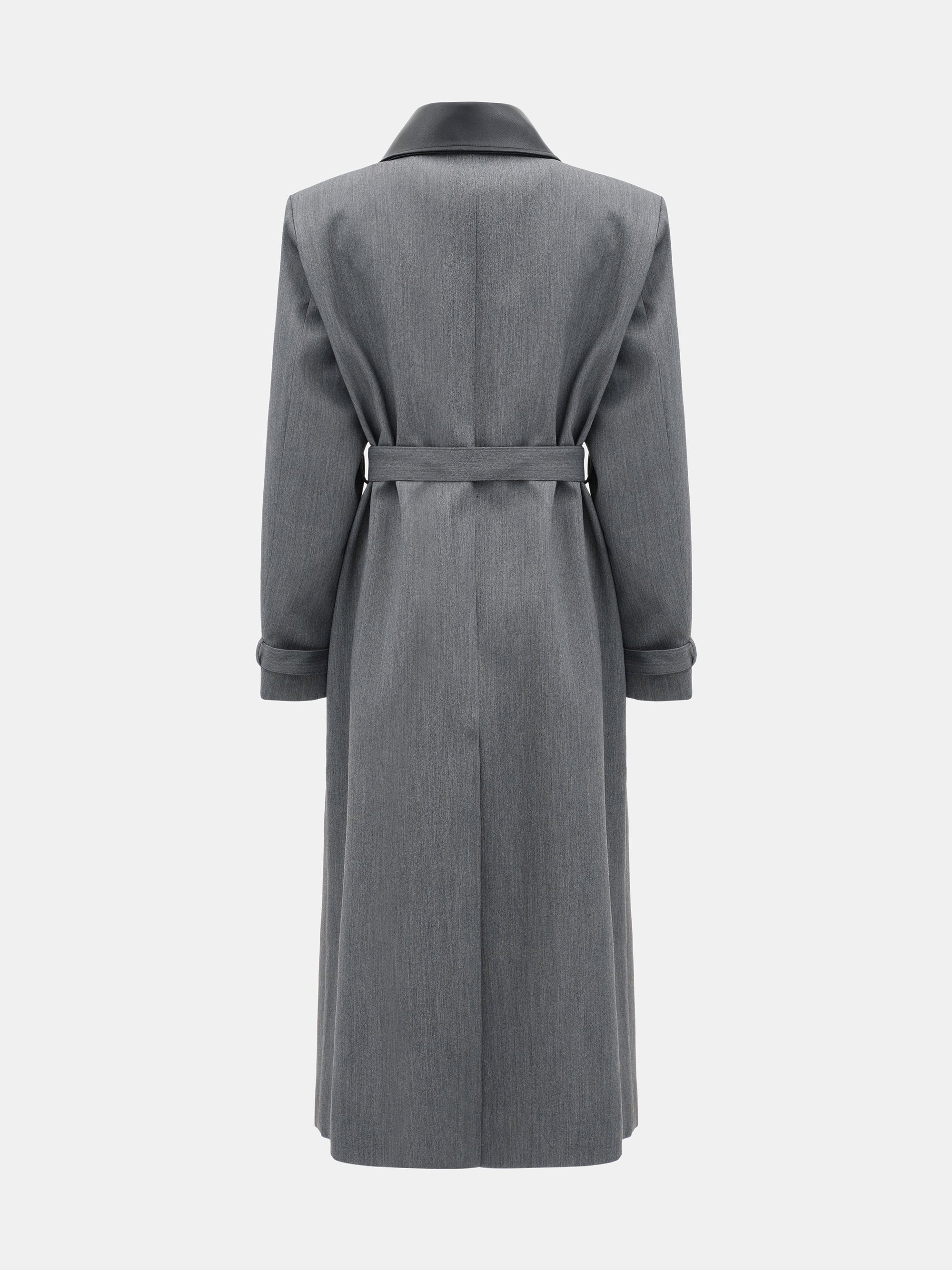 Faux-Leather Collar Long Coat, Grey - Image 7
