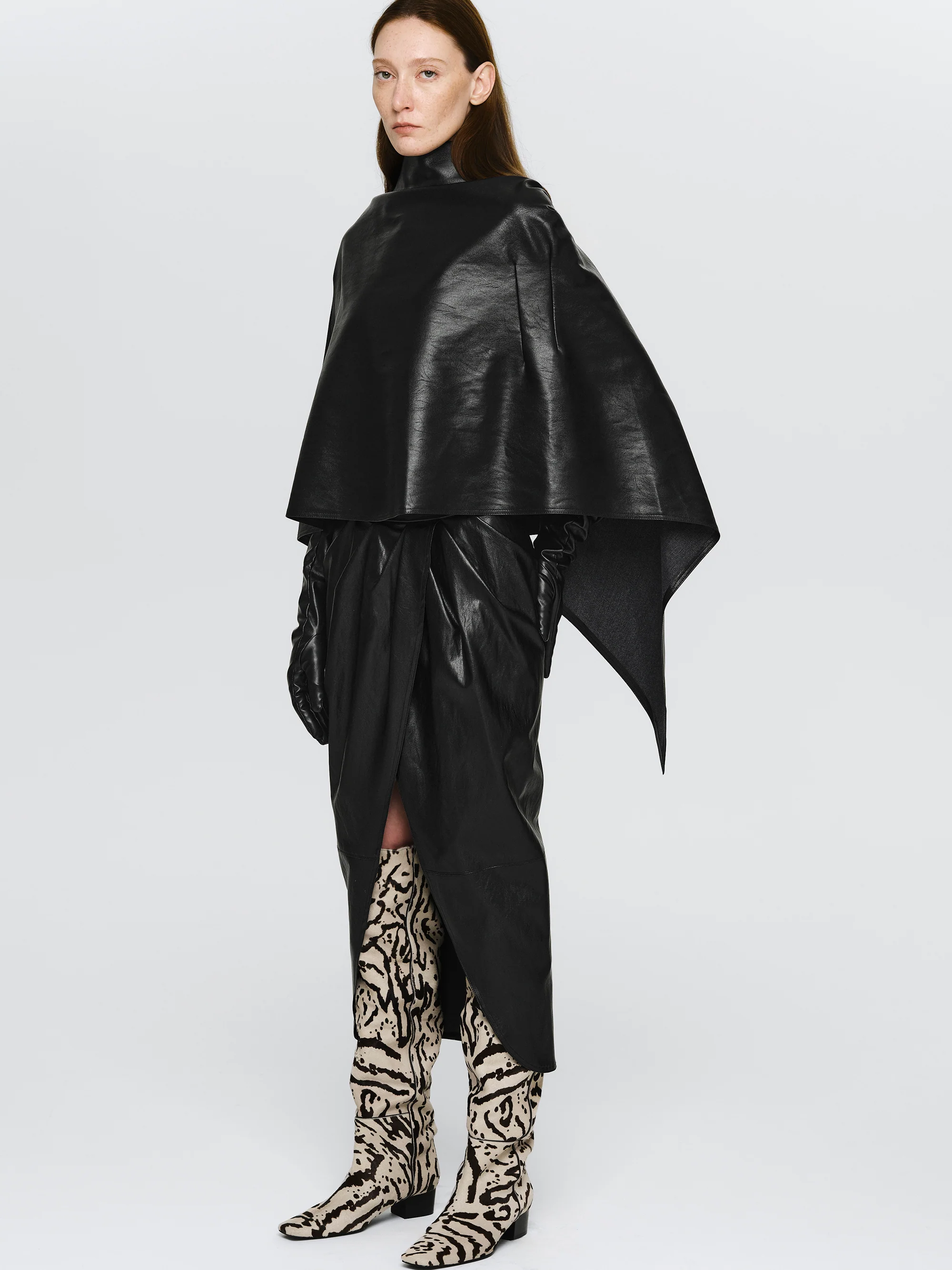 Faux-Leather Ruched Skirt, Black