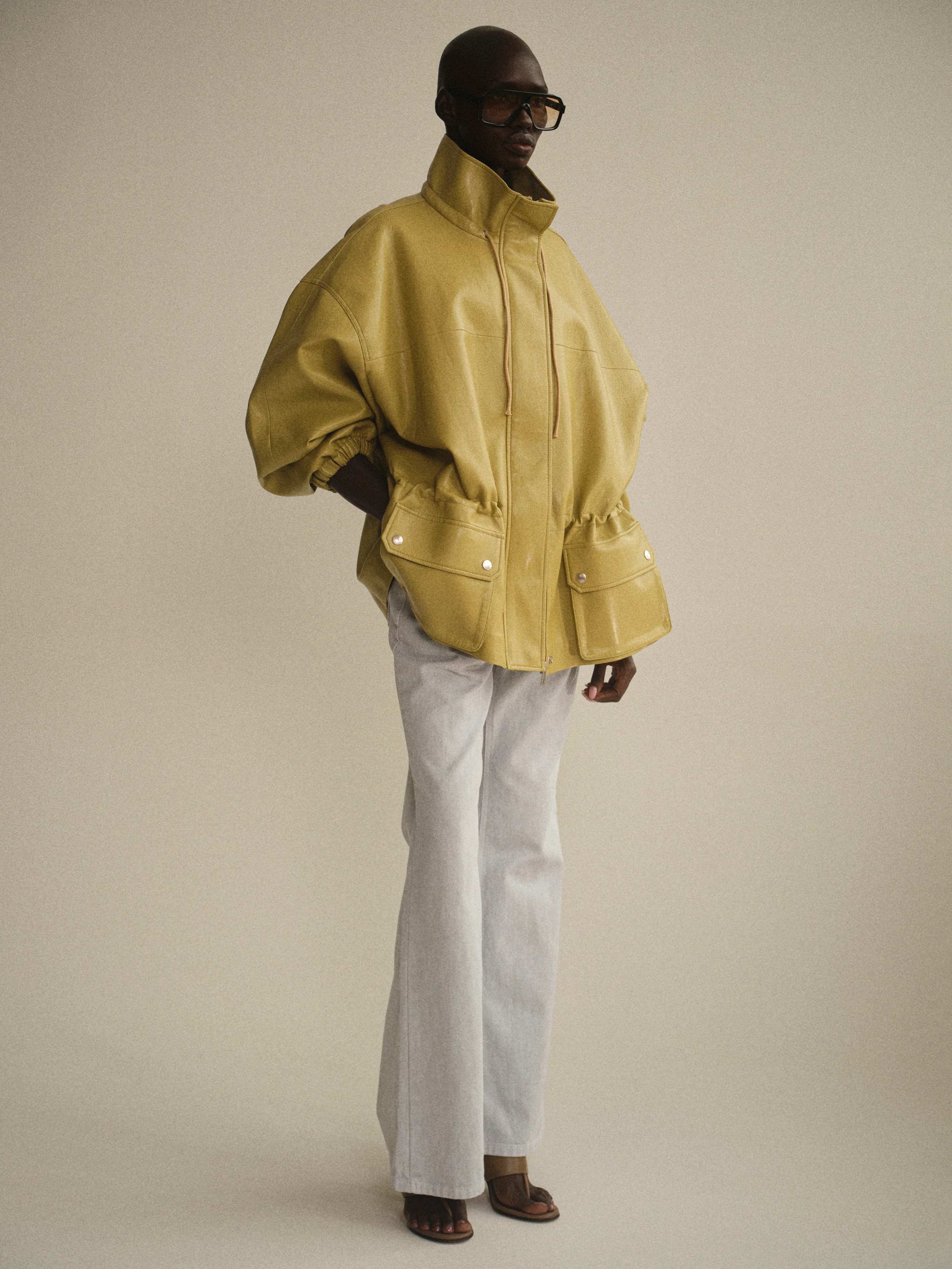 Faux-Leather Short Parka, Olive - Image 2