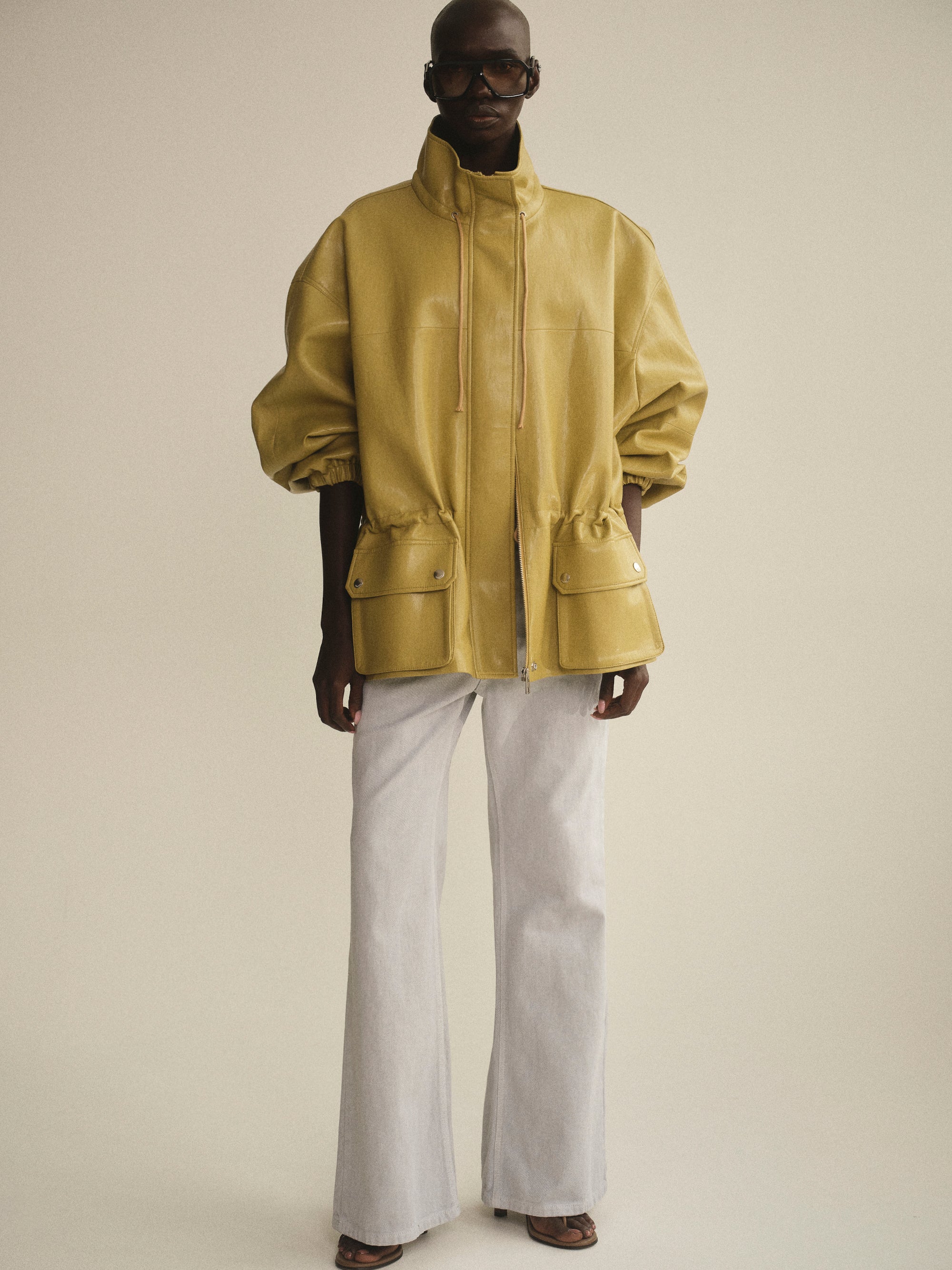 Faux-Leather Short Parka, Olive - Image 3
