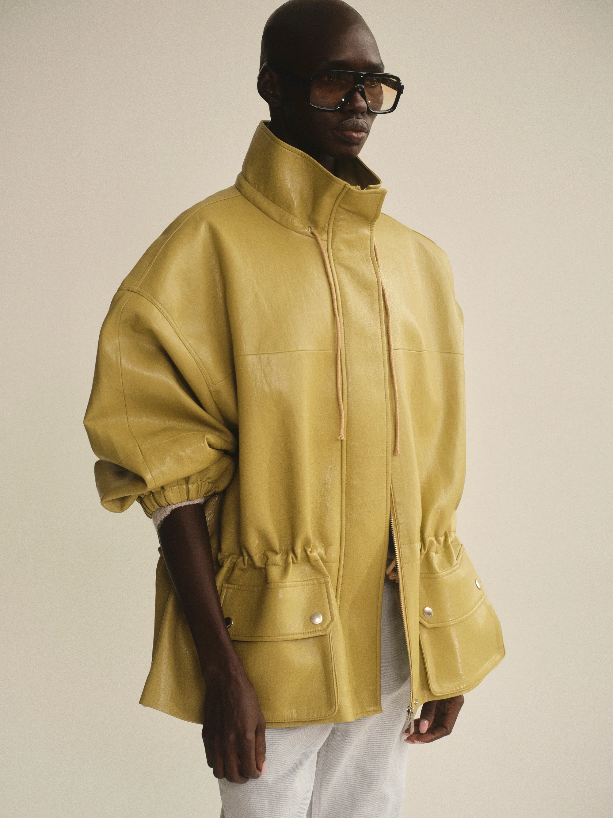 Faux-Leather Short Parka, Olive - Image 4