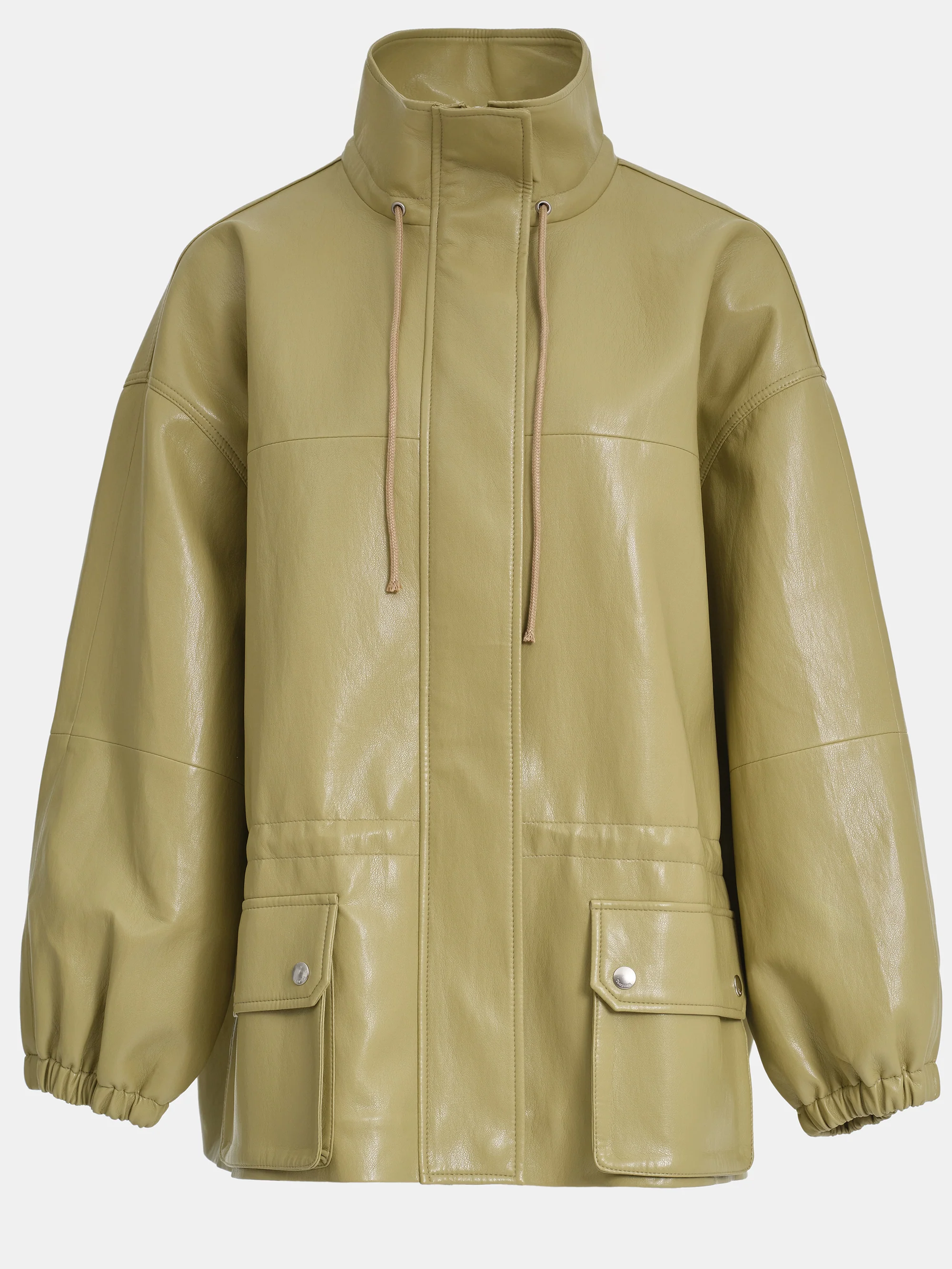Faux-Leather Short Parka, Olive - Image 6