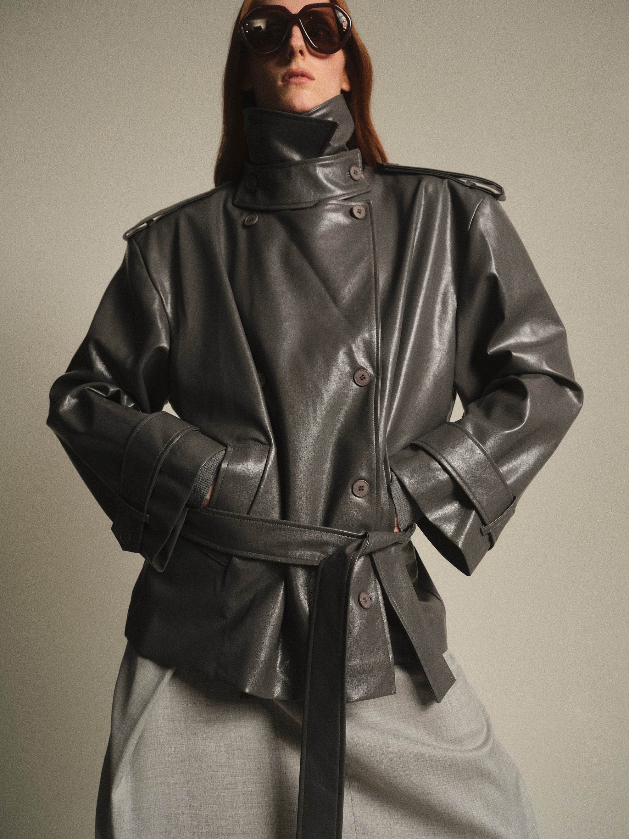Faux-Leather Short Trench, Grey - Image 2