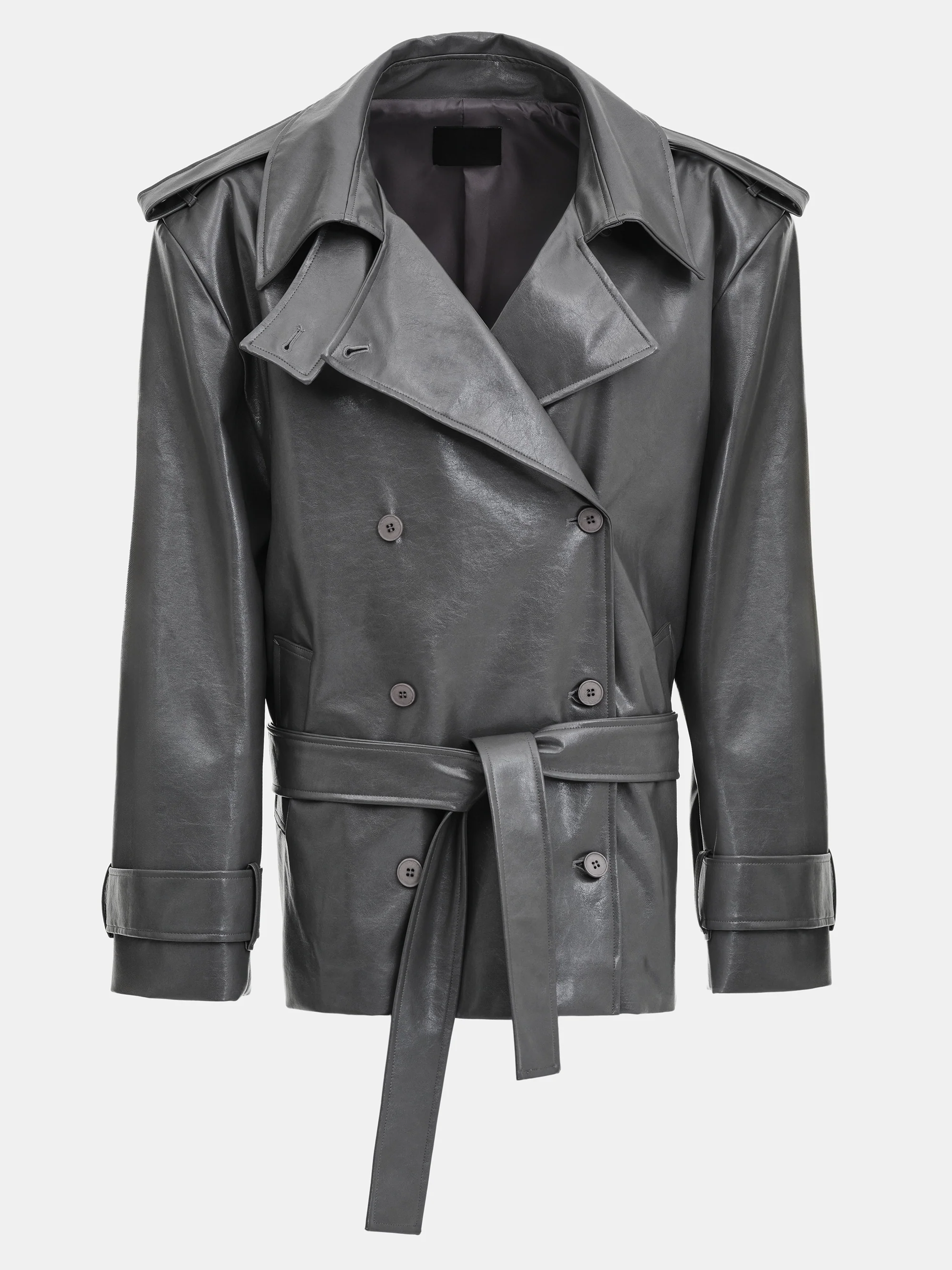 Faux-Leather Short Trench, Grey - Image 4