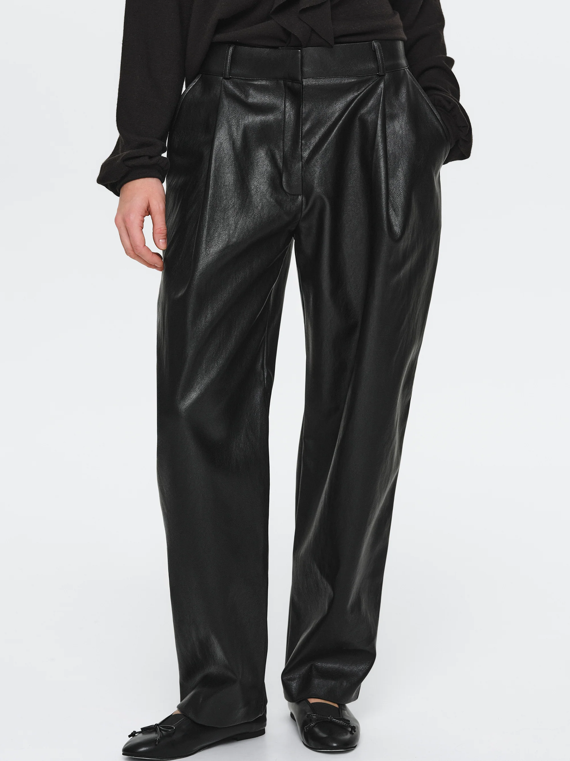 Faux-Leather Tapered Pants, Black