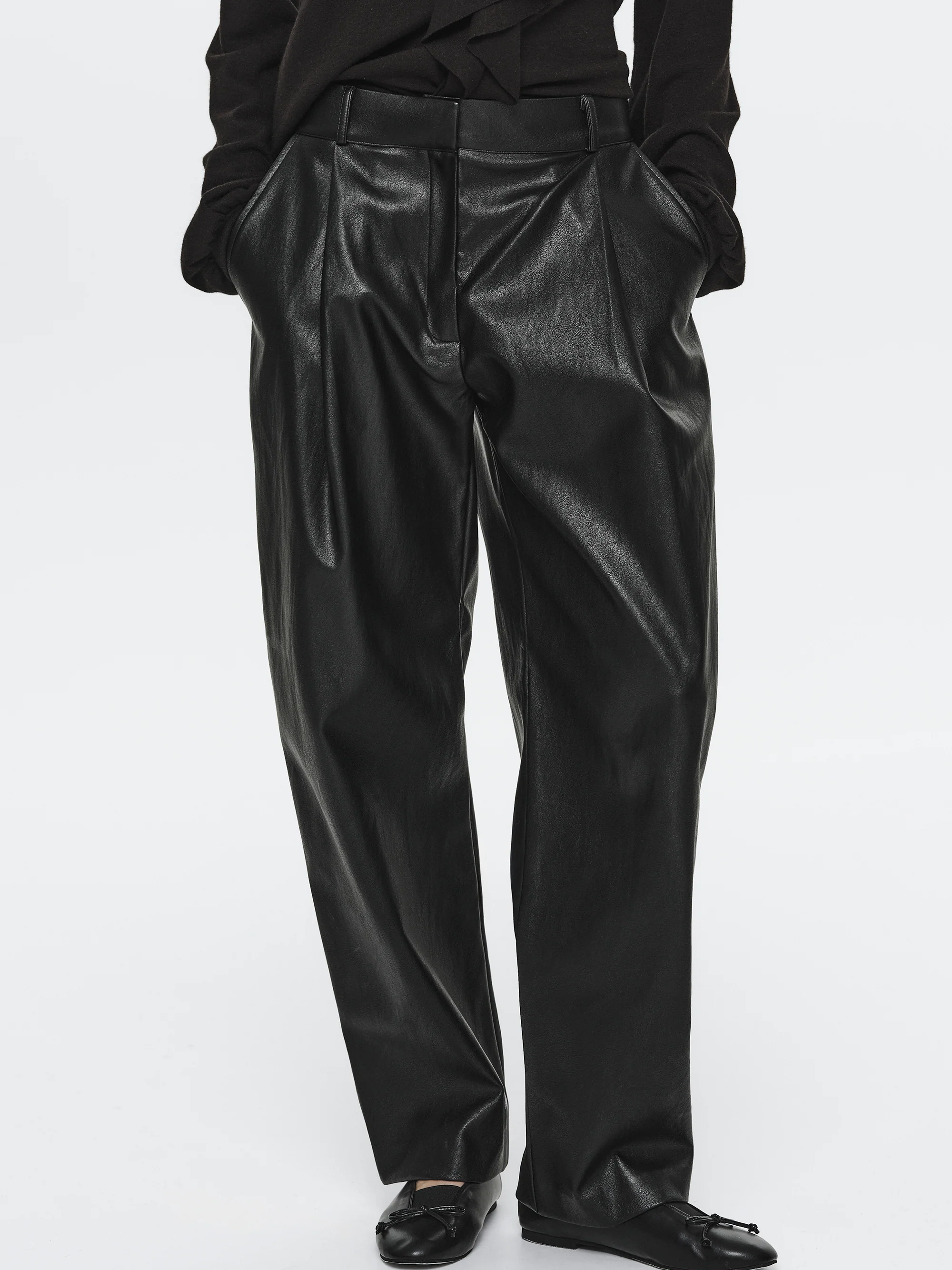 Faux-Leather Tapered Pants, Black - Image 2