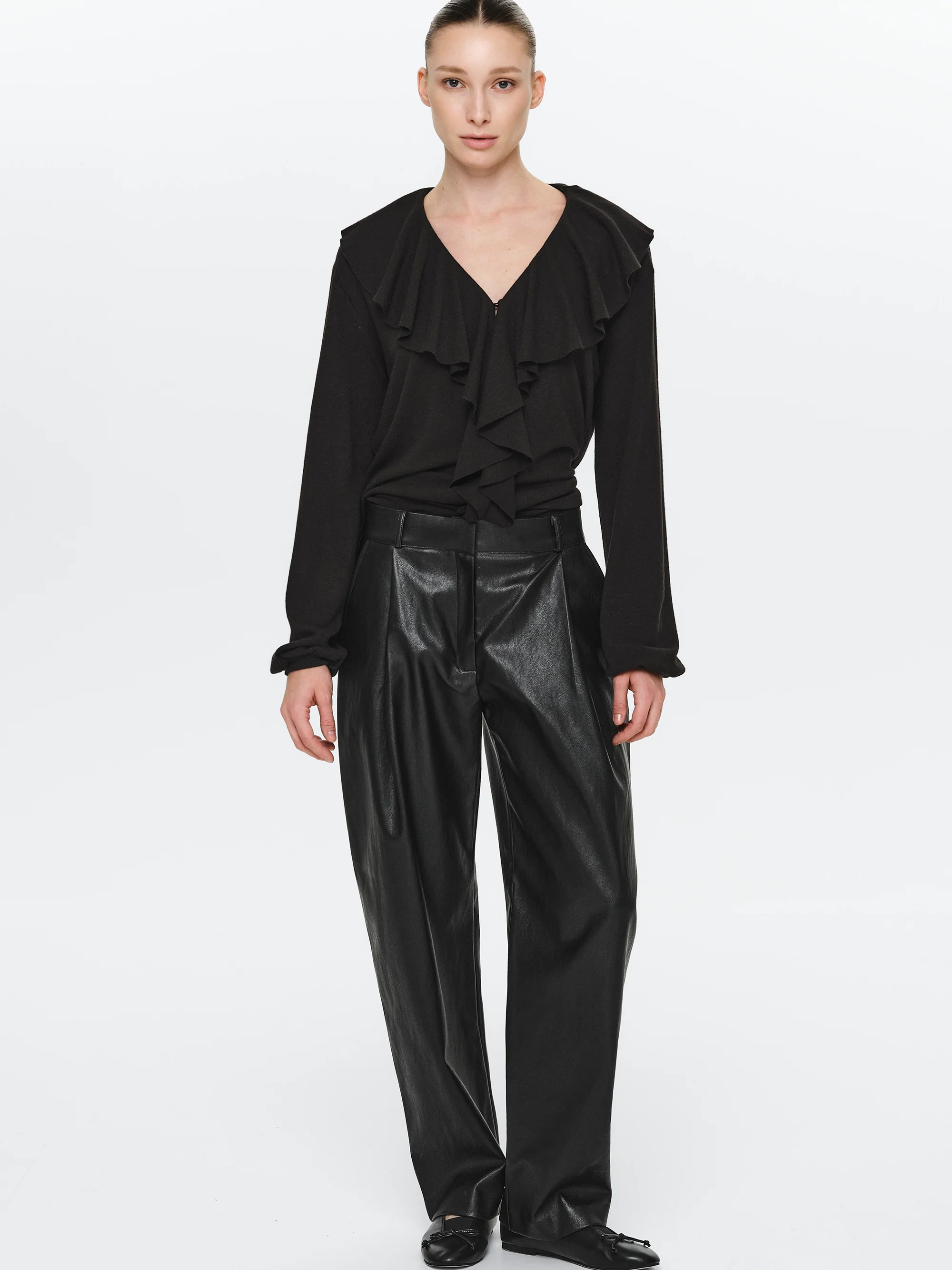 Faux-Leather Tapered Pants, Black - Image 3