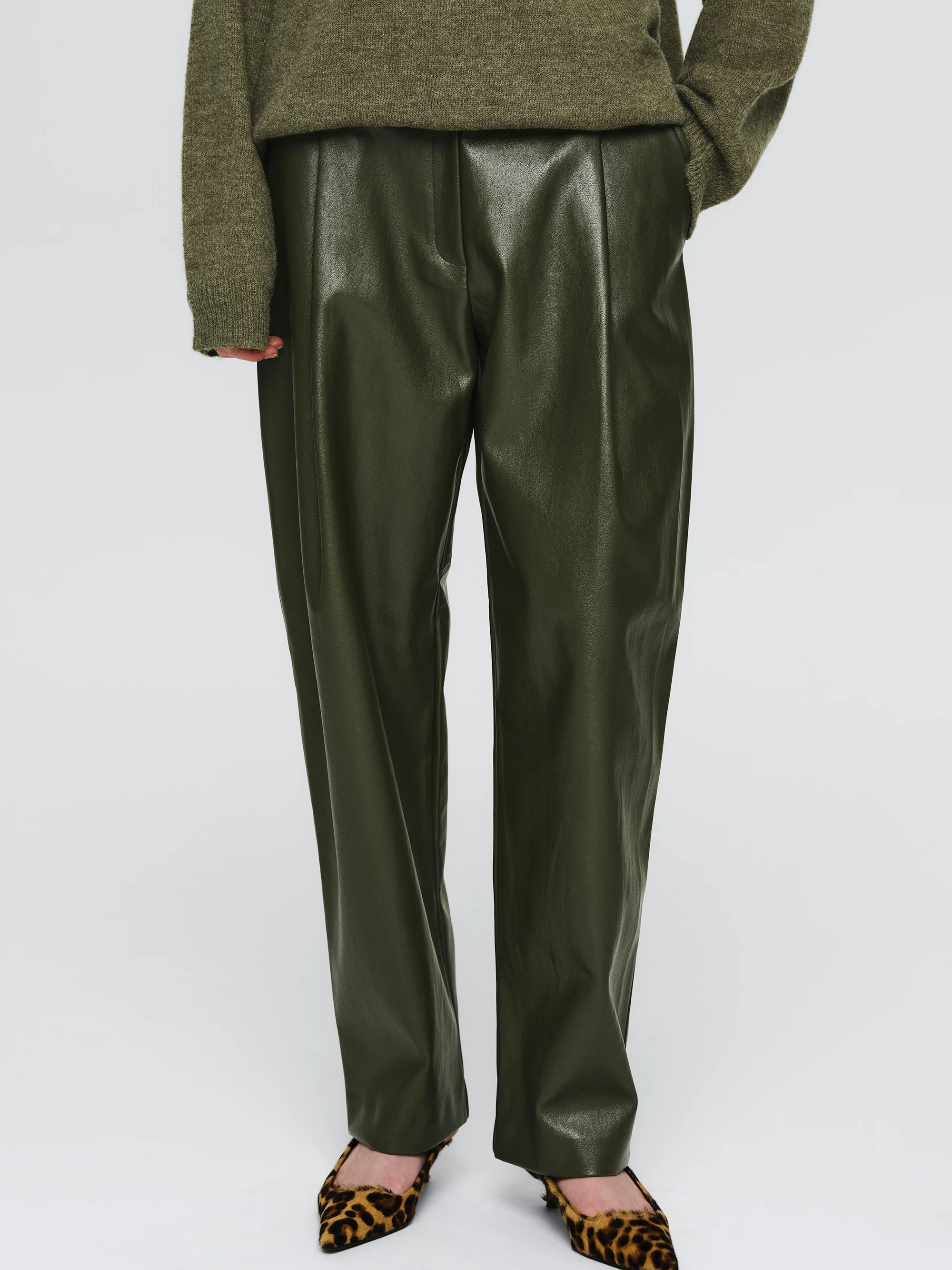 Faux-Leather Tapered Pants, Olive