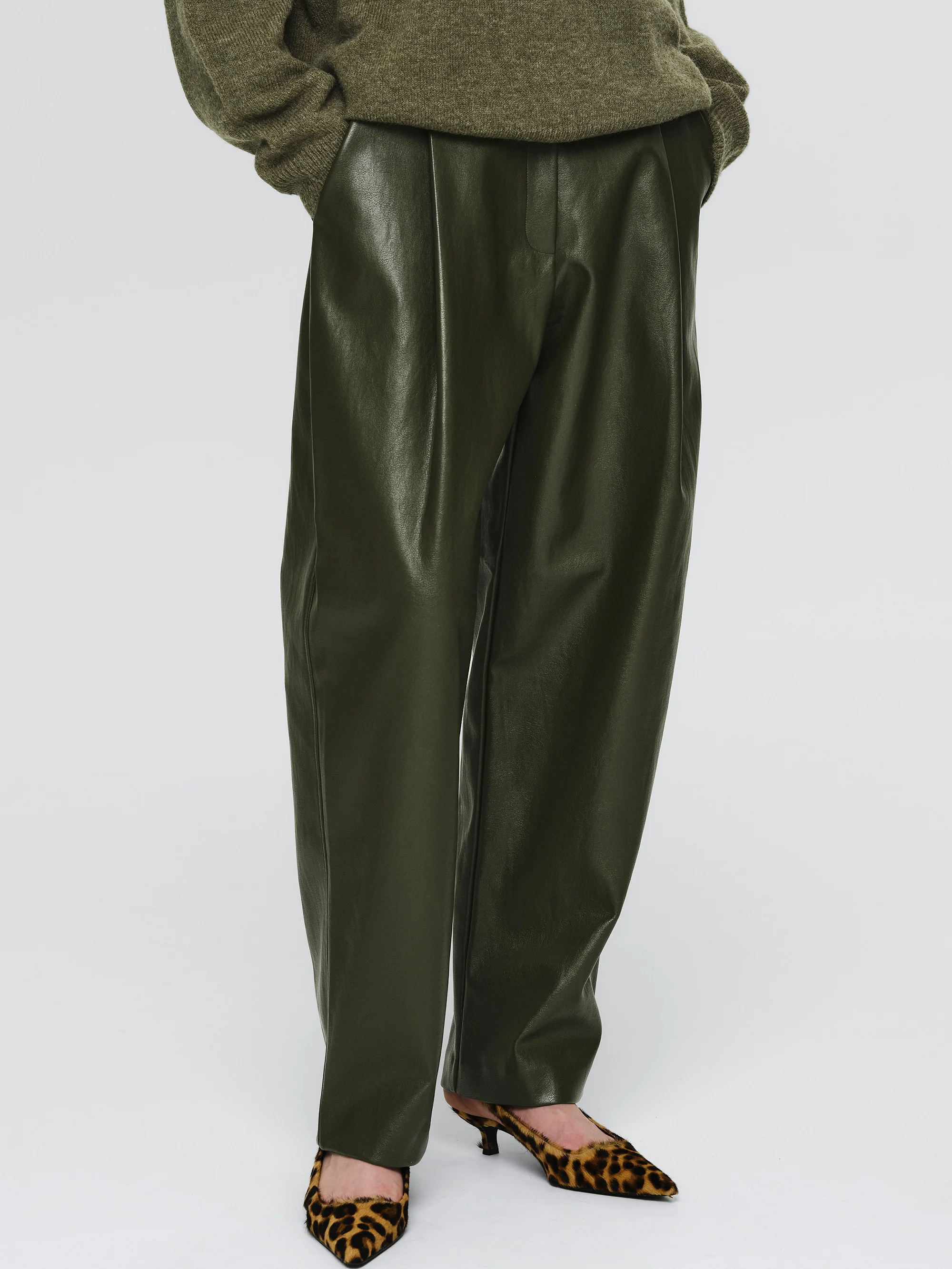 Faux-Leather Tapered Pants, Olive - Image 2