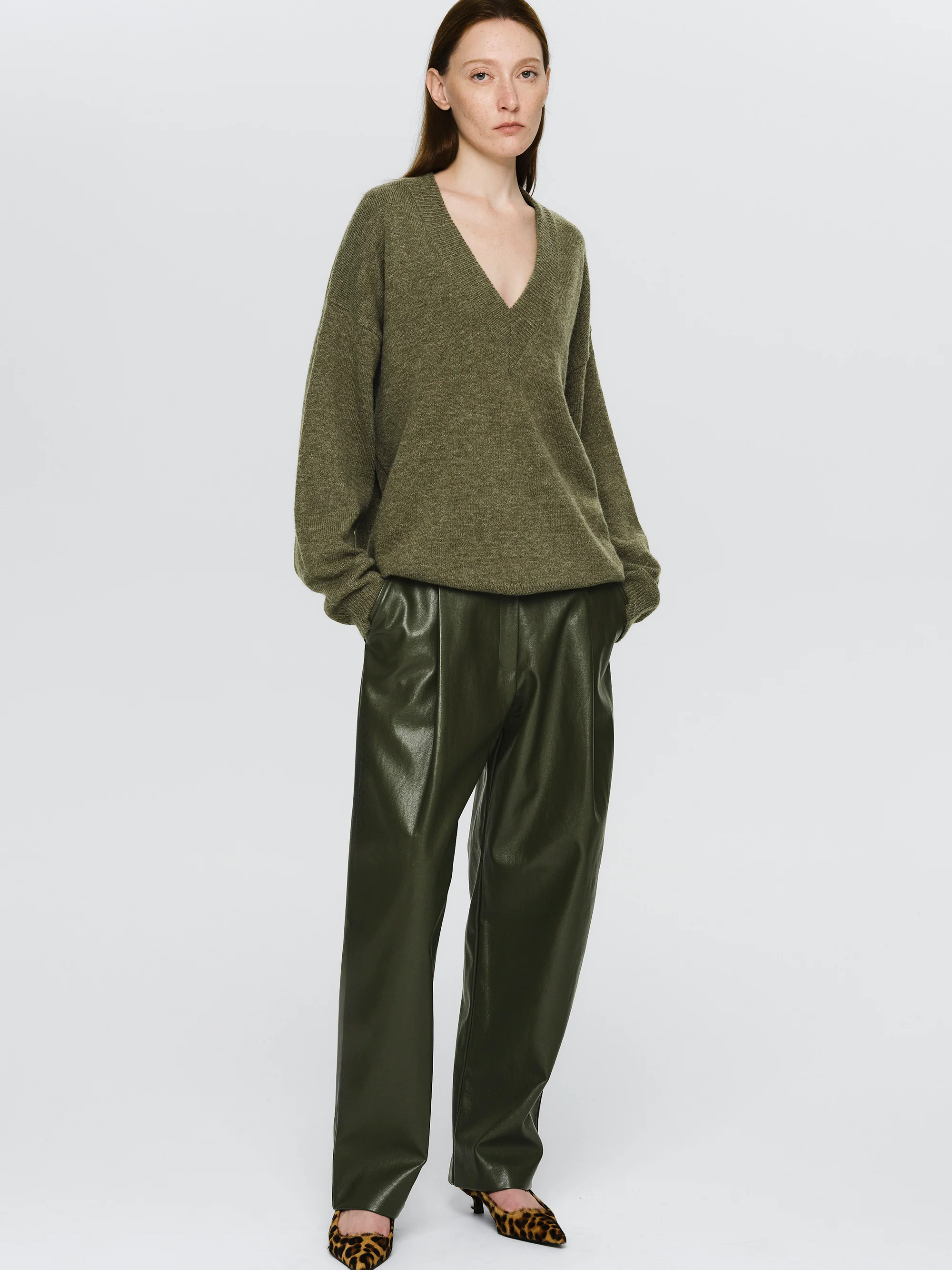 Faux-Leather Tapered Pants, Olive - Image 3