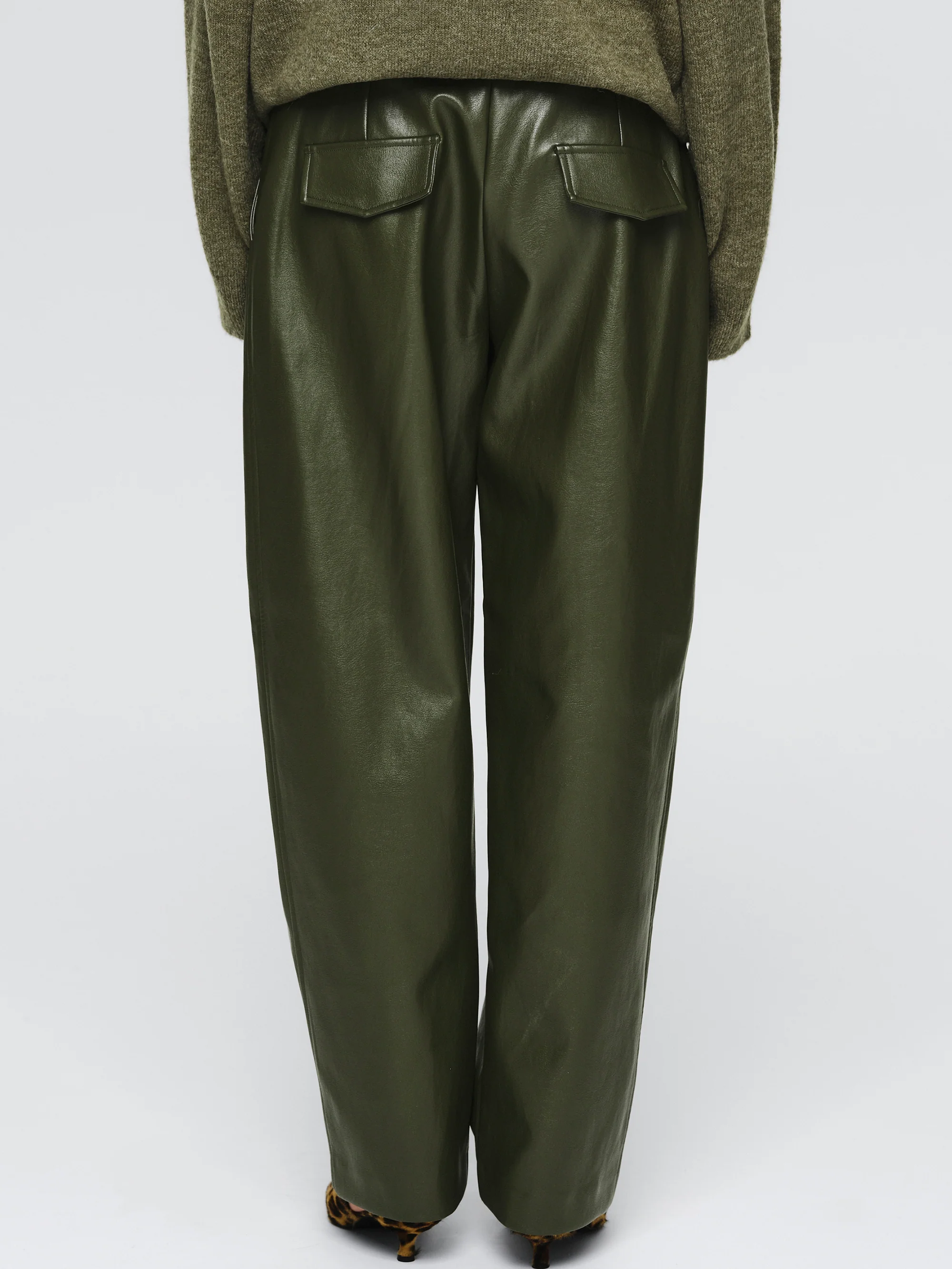 Faux-Leather Tapered Pants, Olive - Image 4