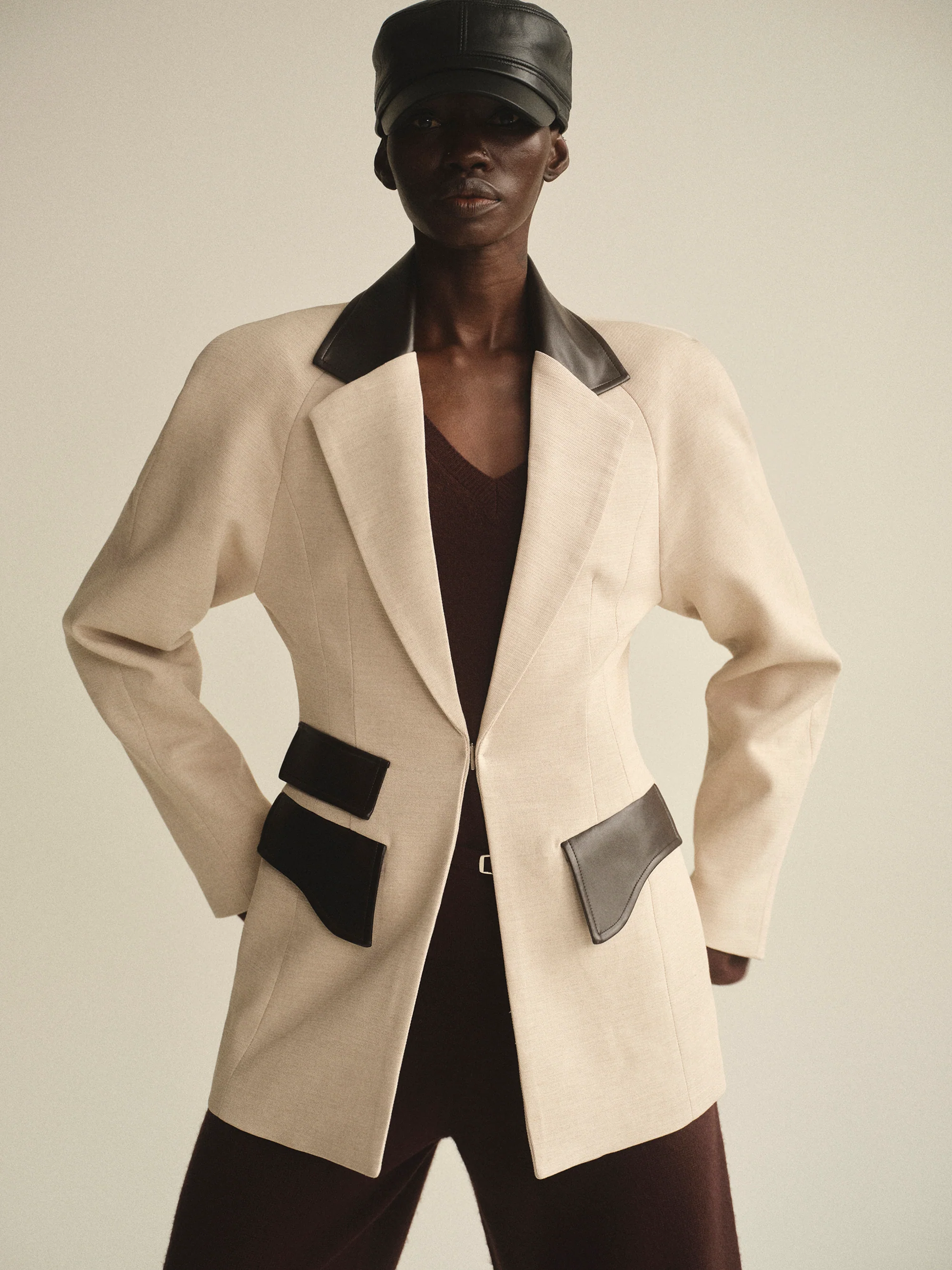 Faux-Leather Trim Blazer, Beige