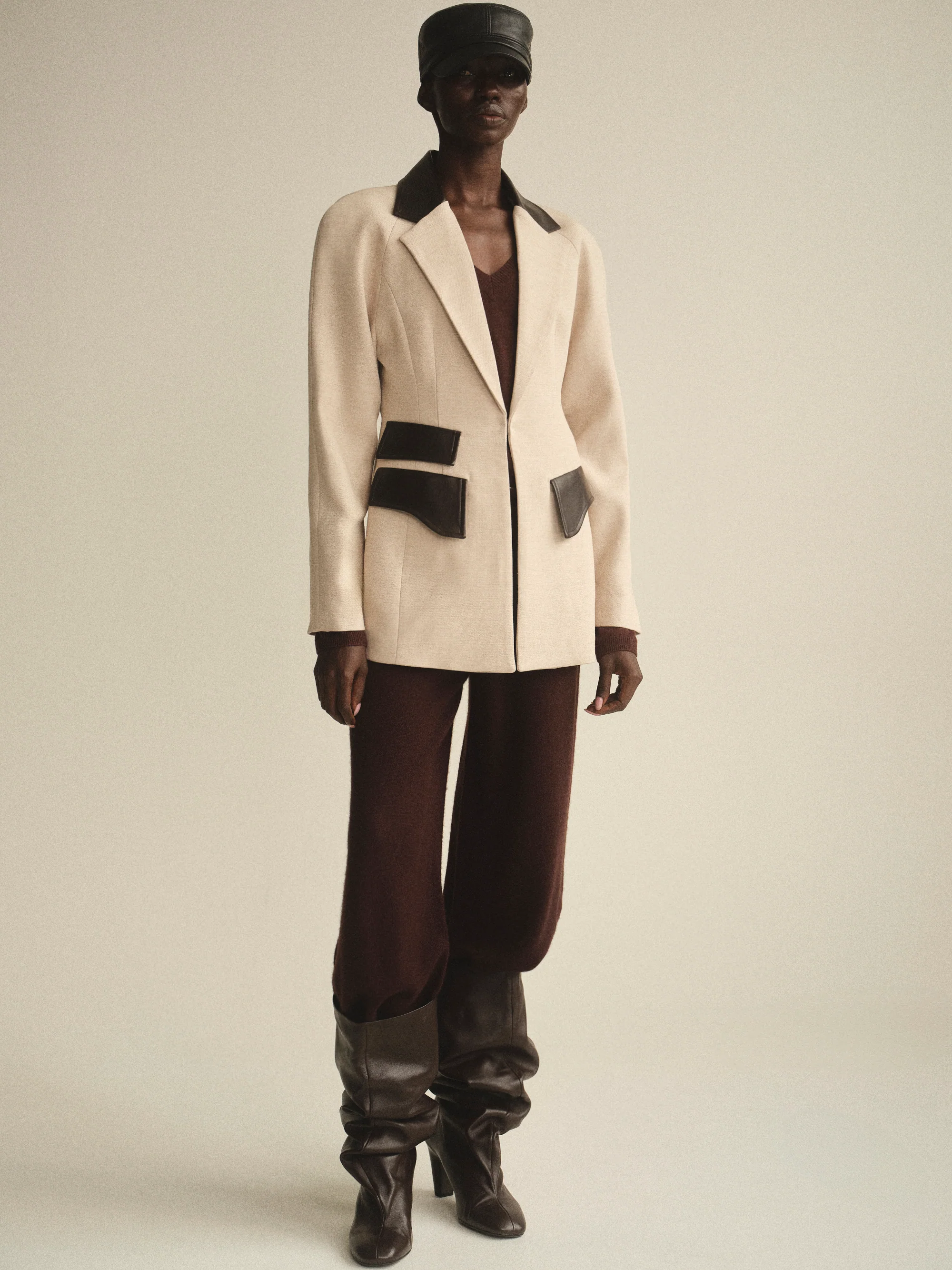 Faux-Leather Trim Blazer, Beige - Image 3