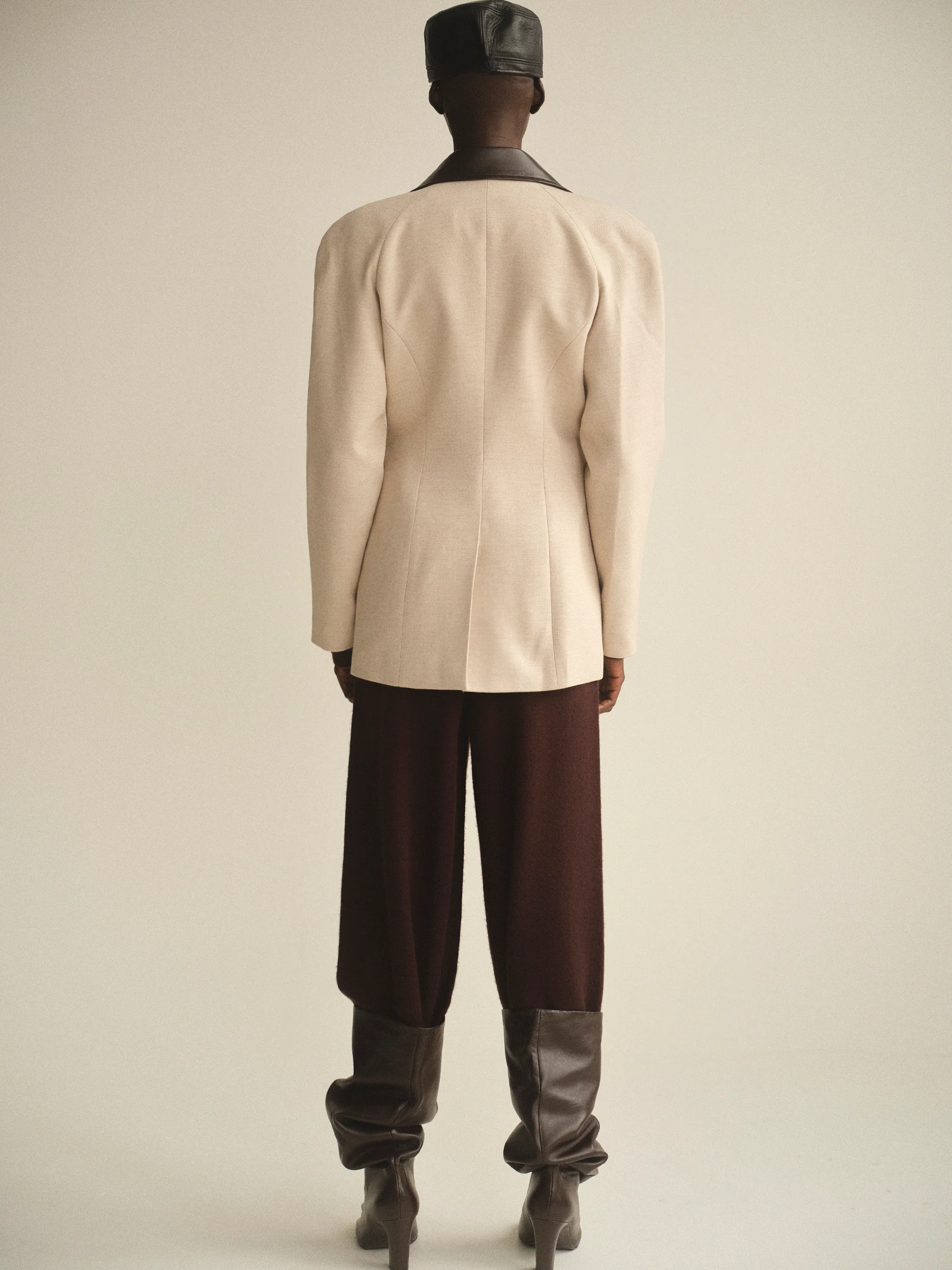 Faux-Leather Trim Blazer, Beige - Image 4