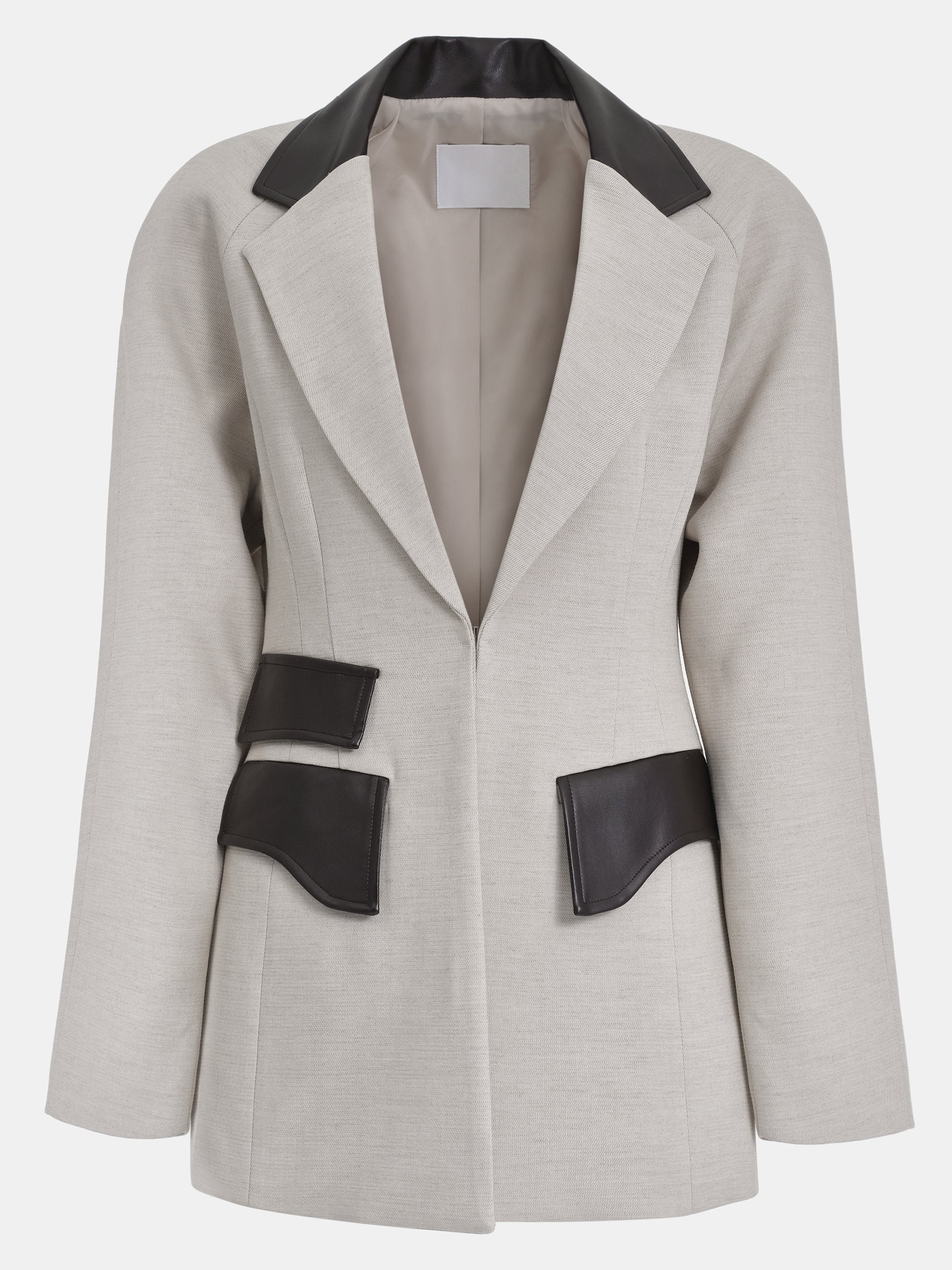Faux-Leather Trim Blazer, Beige - Image 5