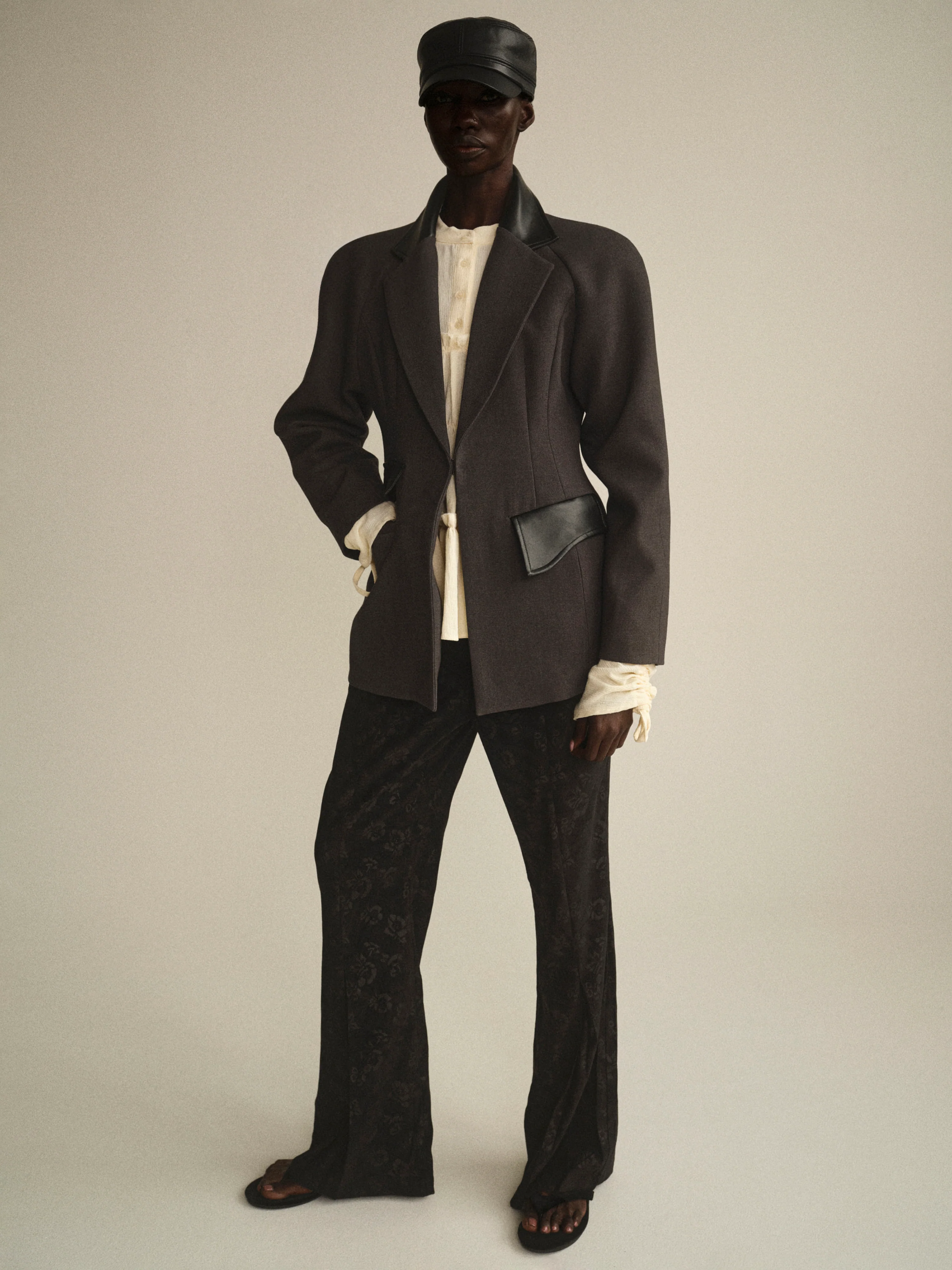 Faux-Leather Trim Blazer, Charcoal
