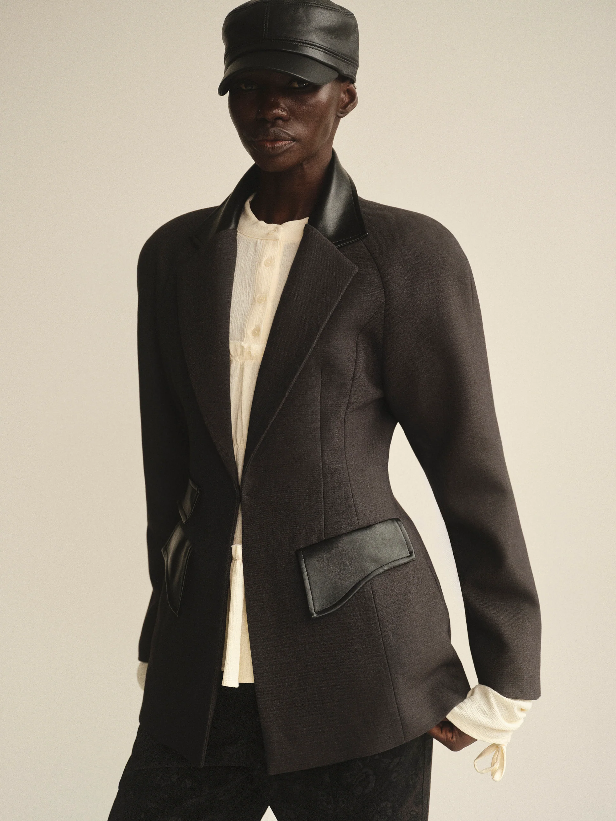Faux-Leather Trim Blazer, Charcoal - Image 2