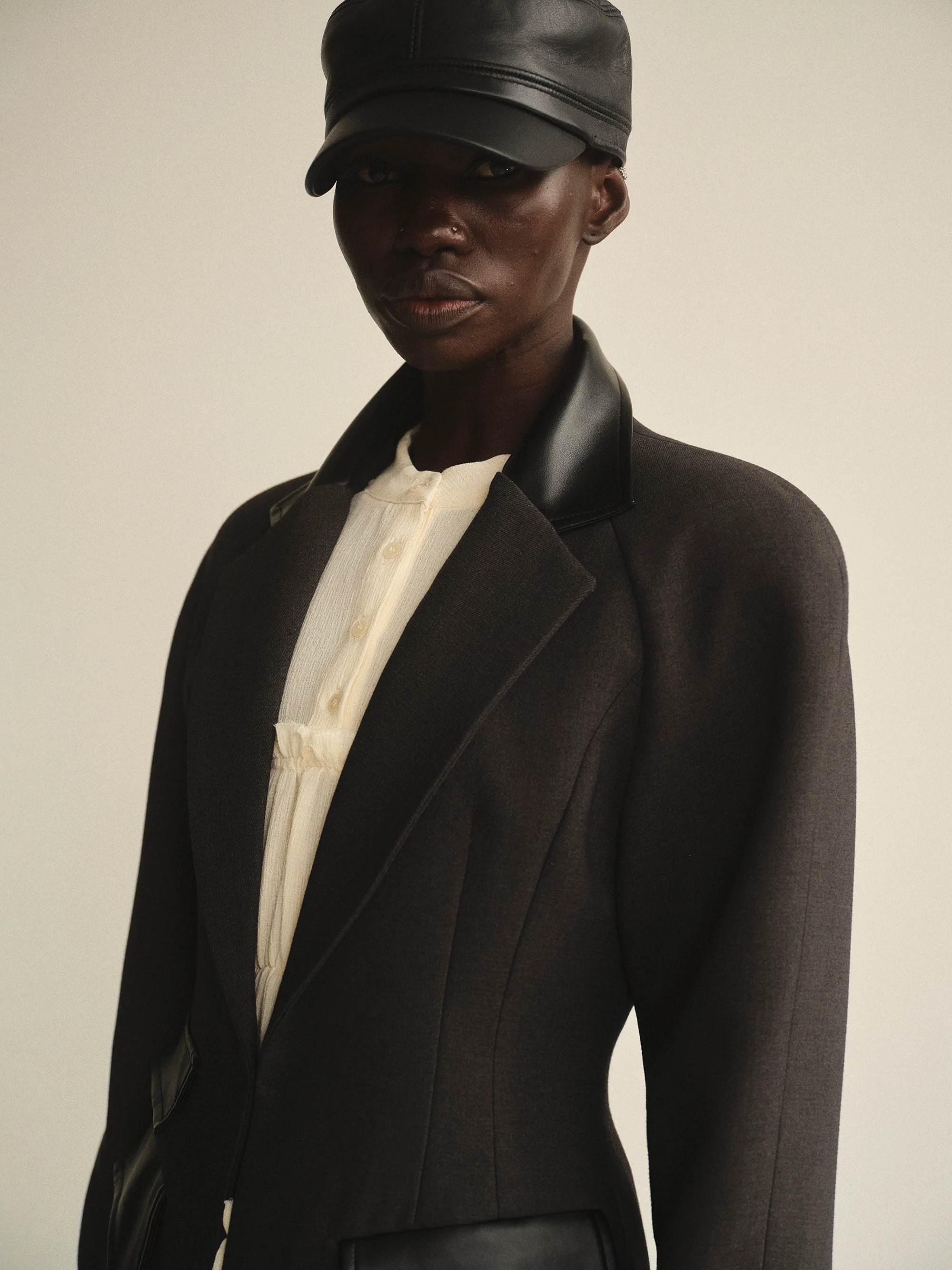 Faux-Leather Trim Blazer, Charcoal - Image 3