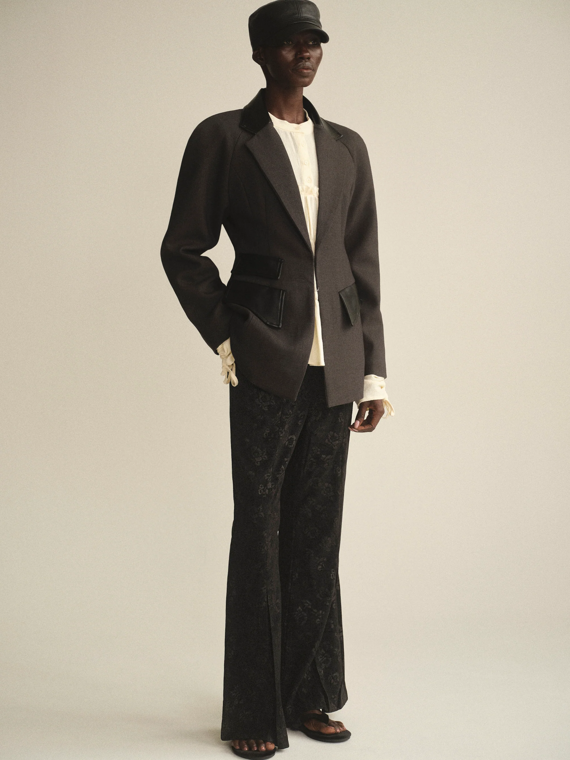 Faux-Leather Trim Blazer, Charcoal - Image 4