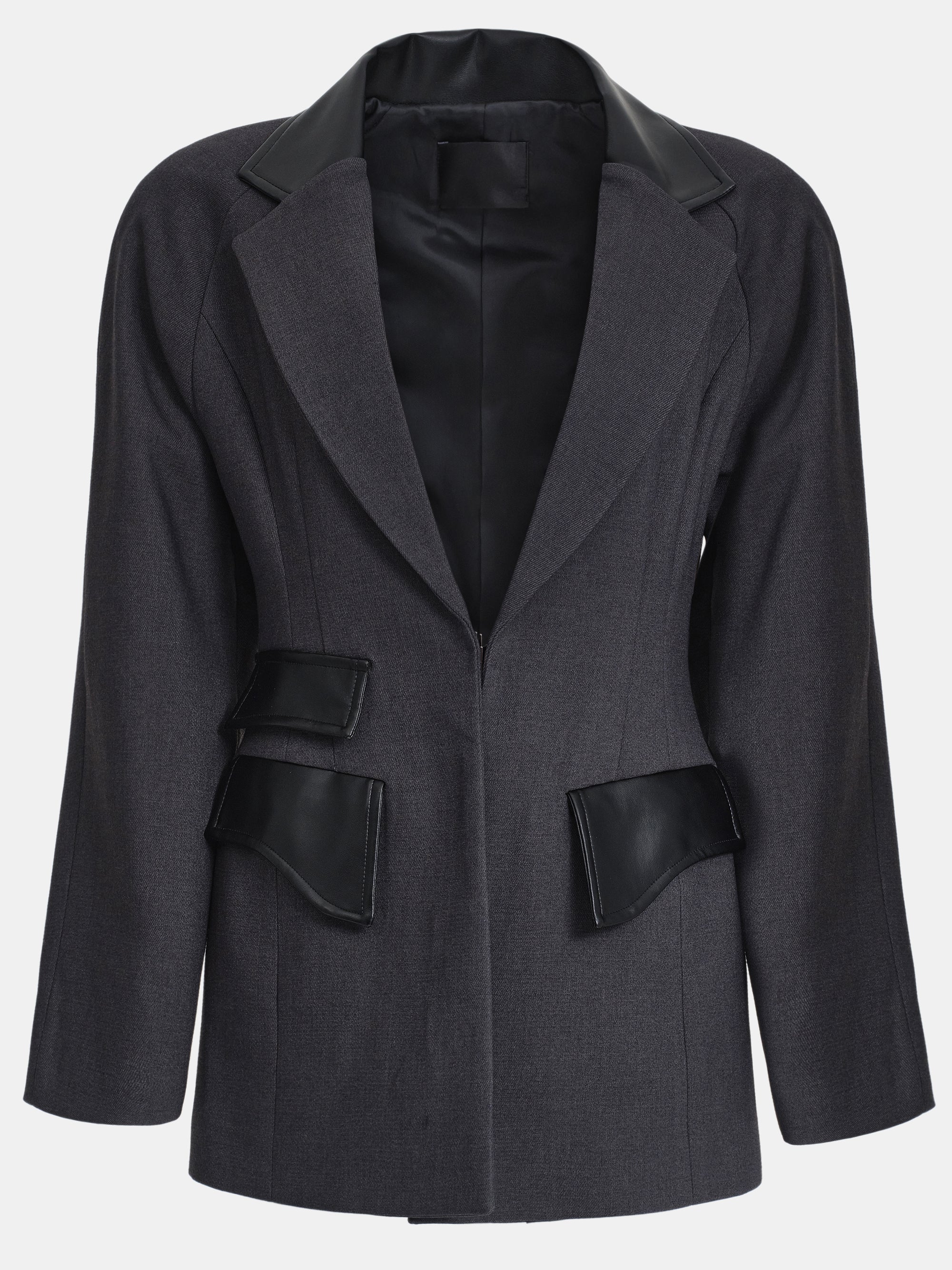 Faux-Leather Trim Blazer, Charcoal - Image 6