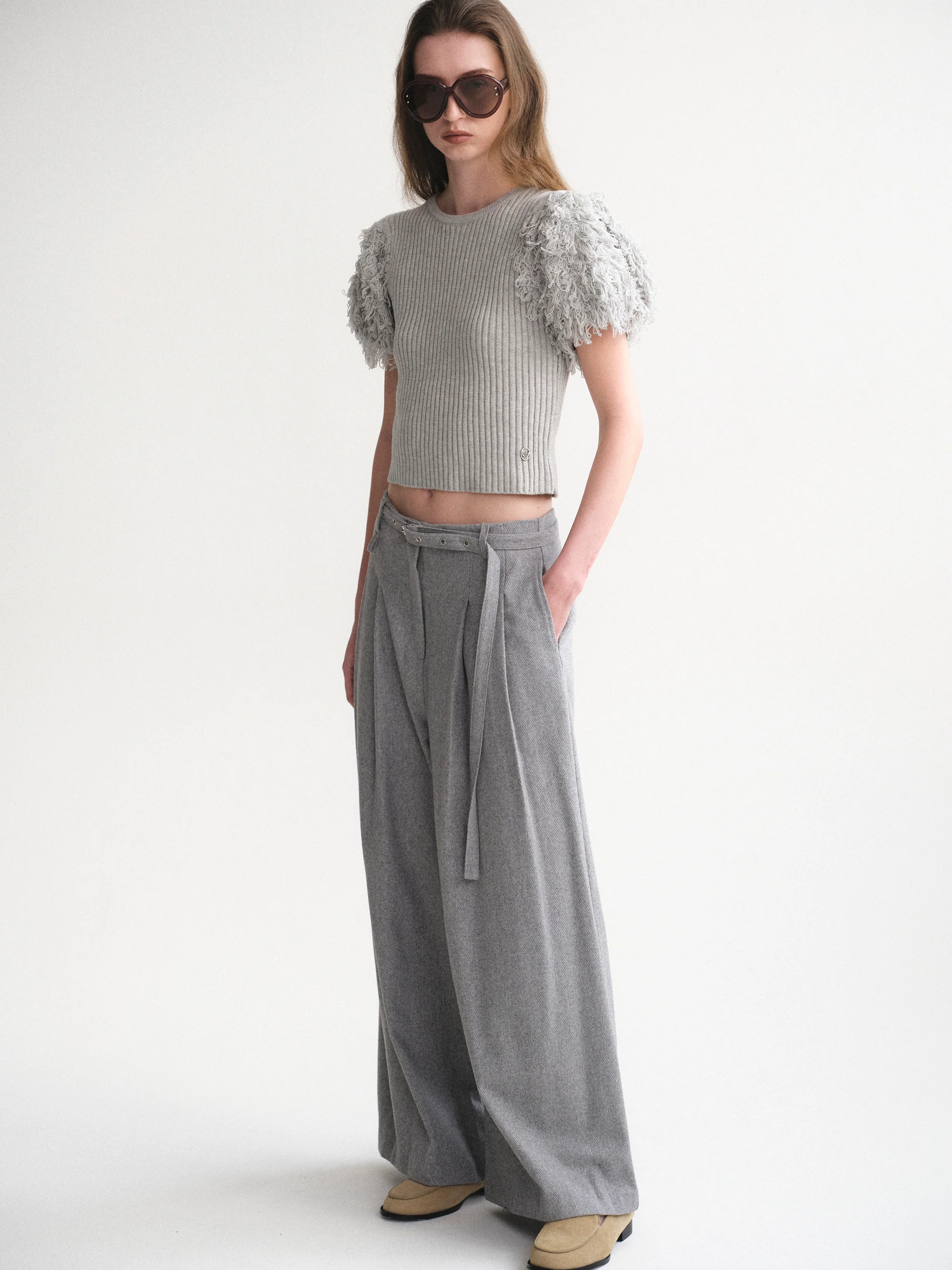 Faux Shearling Knit Top, Grey