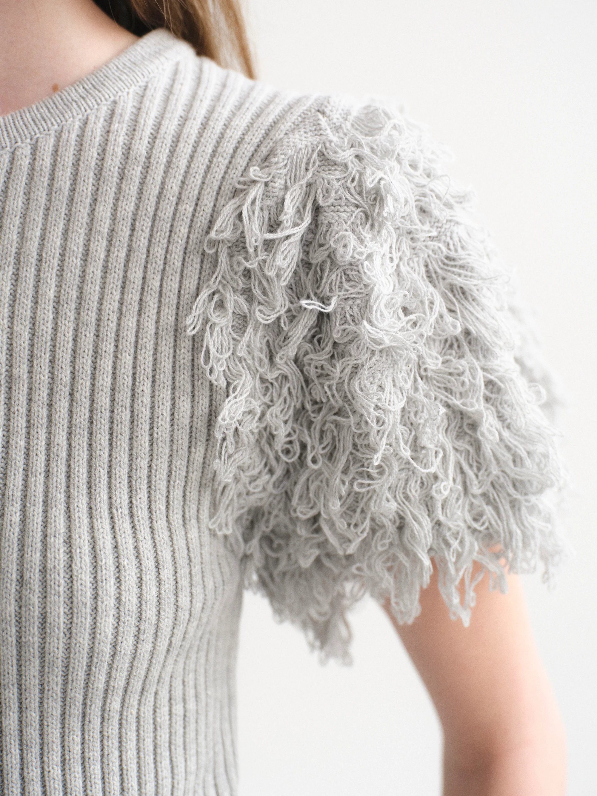 Faux Shearling Knit Top, Grey - Image 3