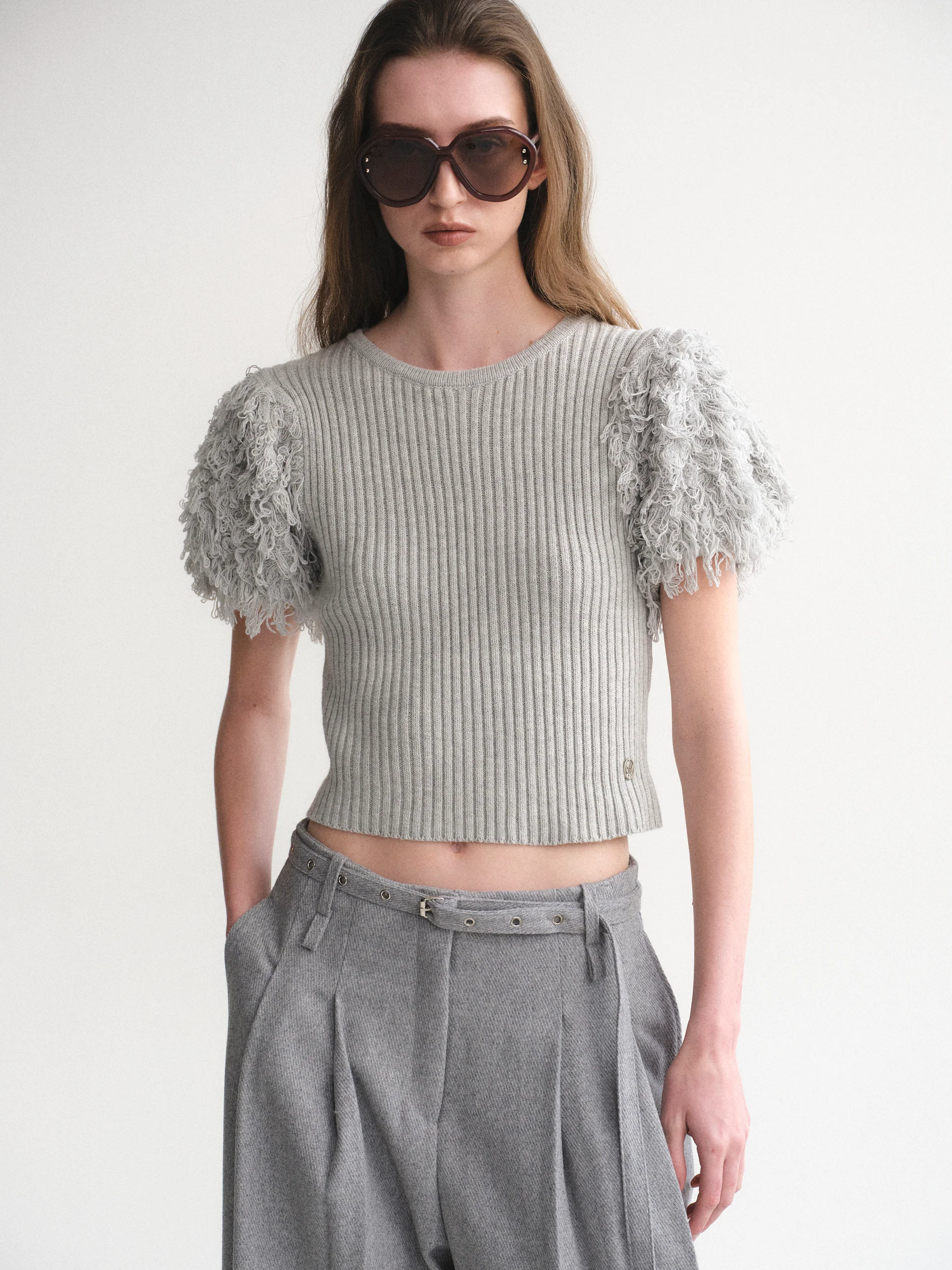 Faux Shearling Knit Top, Grey - Image 4
