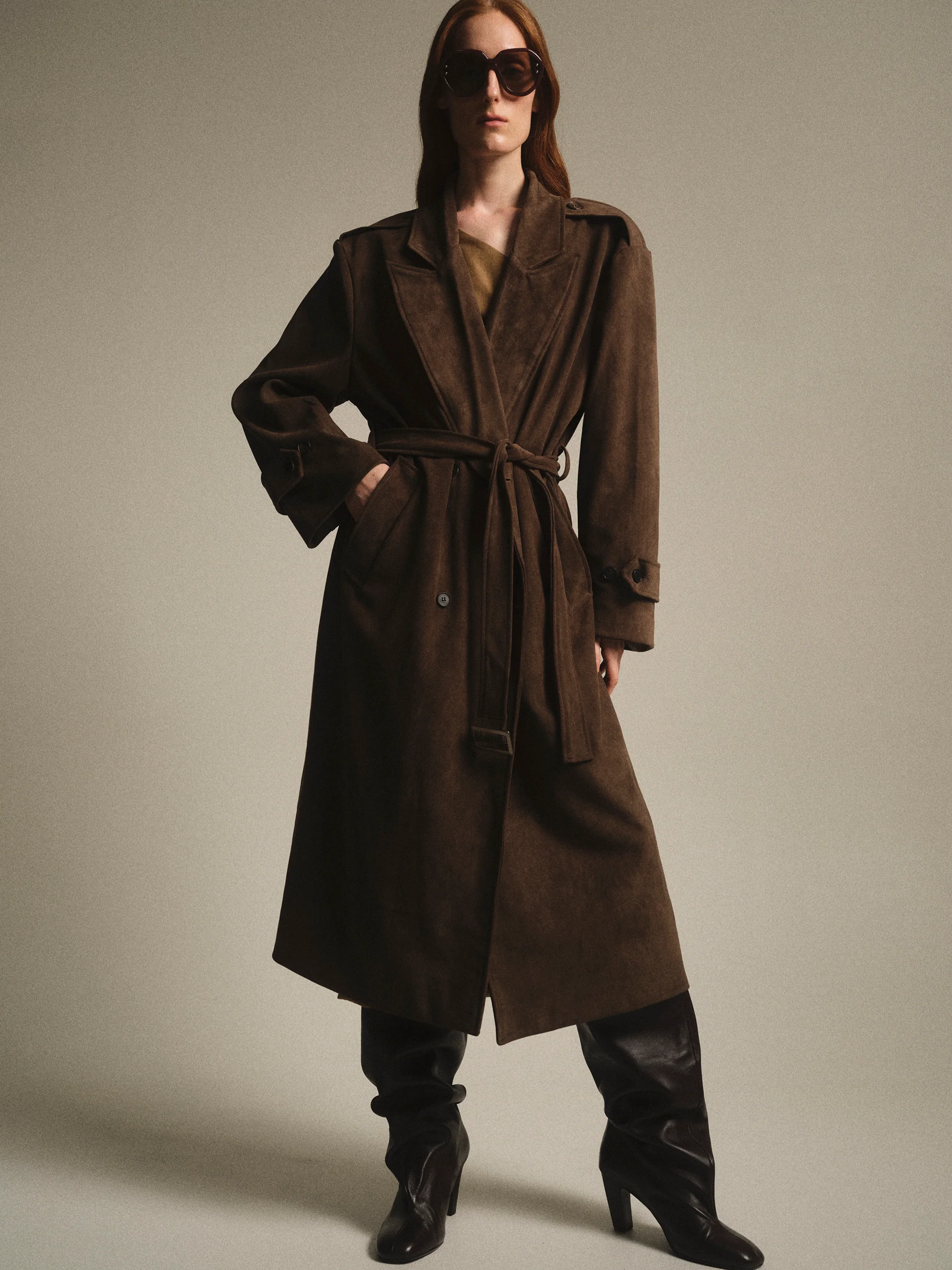 Faux Suede Long Trench, Brown