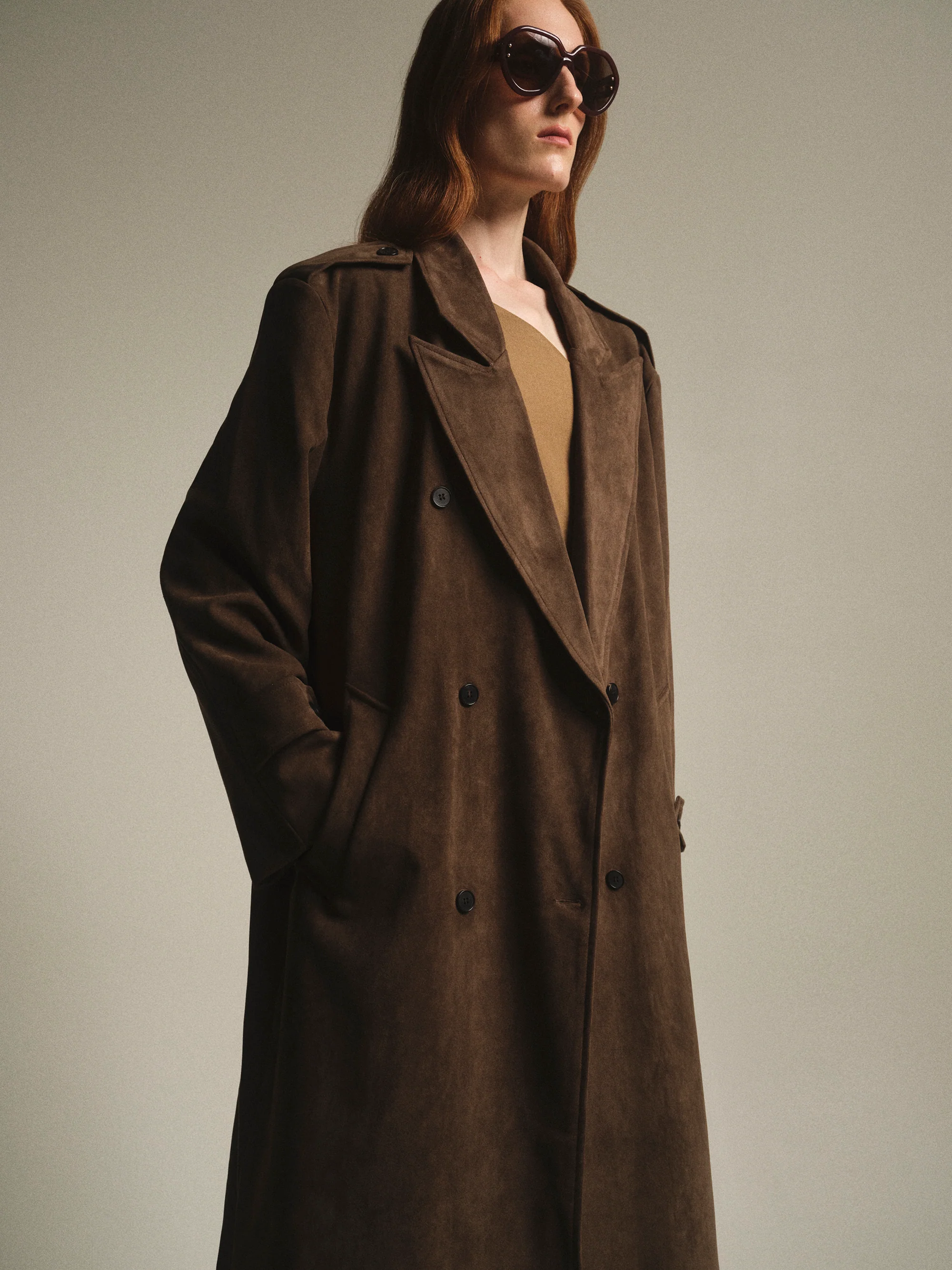 Faux Suede Long Trench, Brown - Image 2