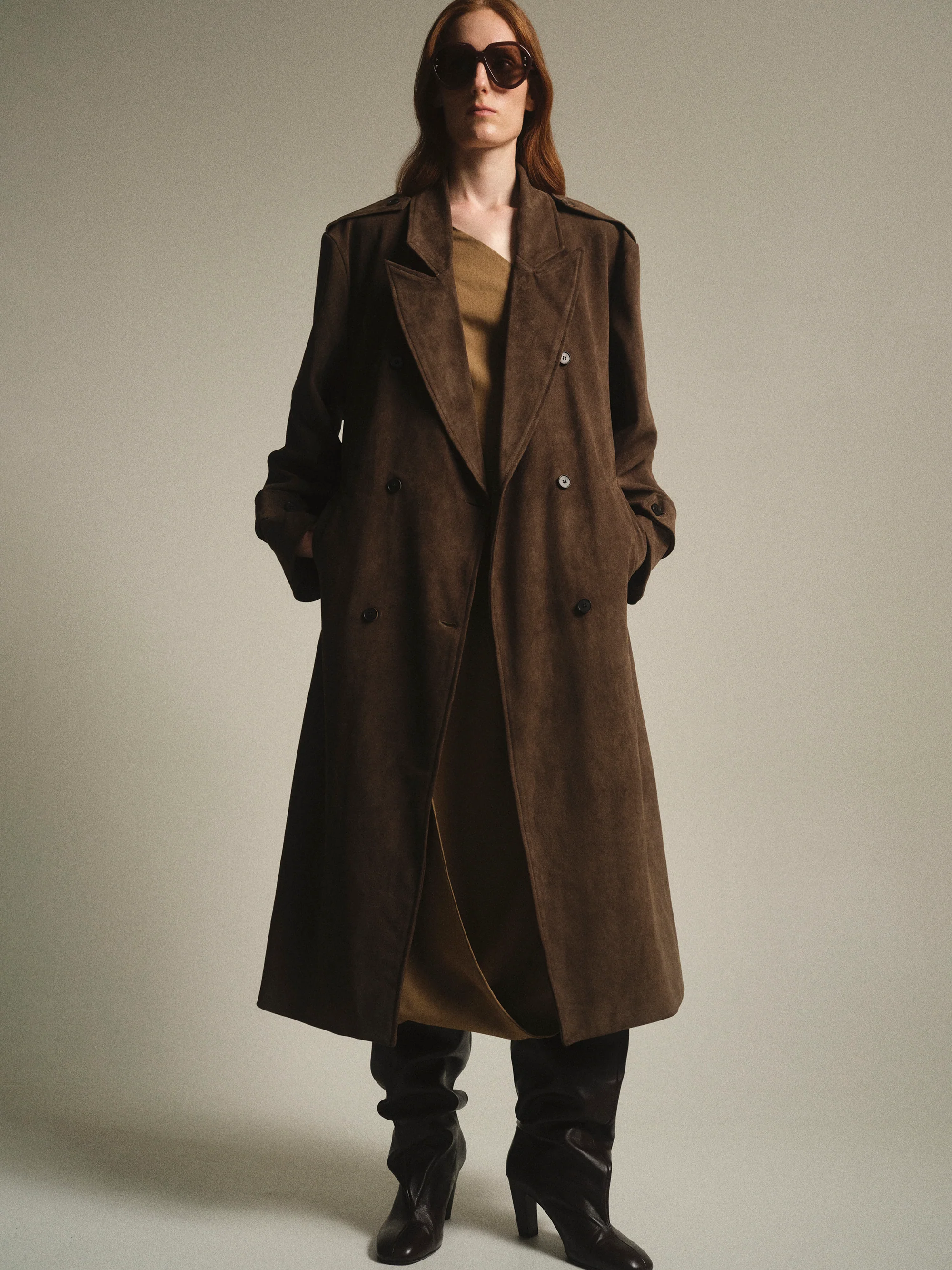 Faux Suede Long Trench, Brown - Image 3