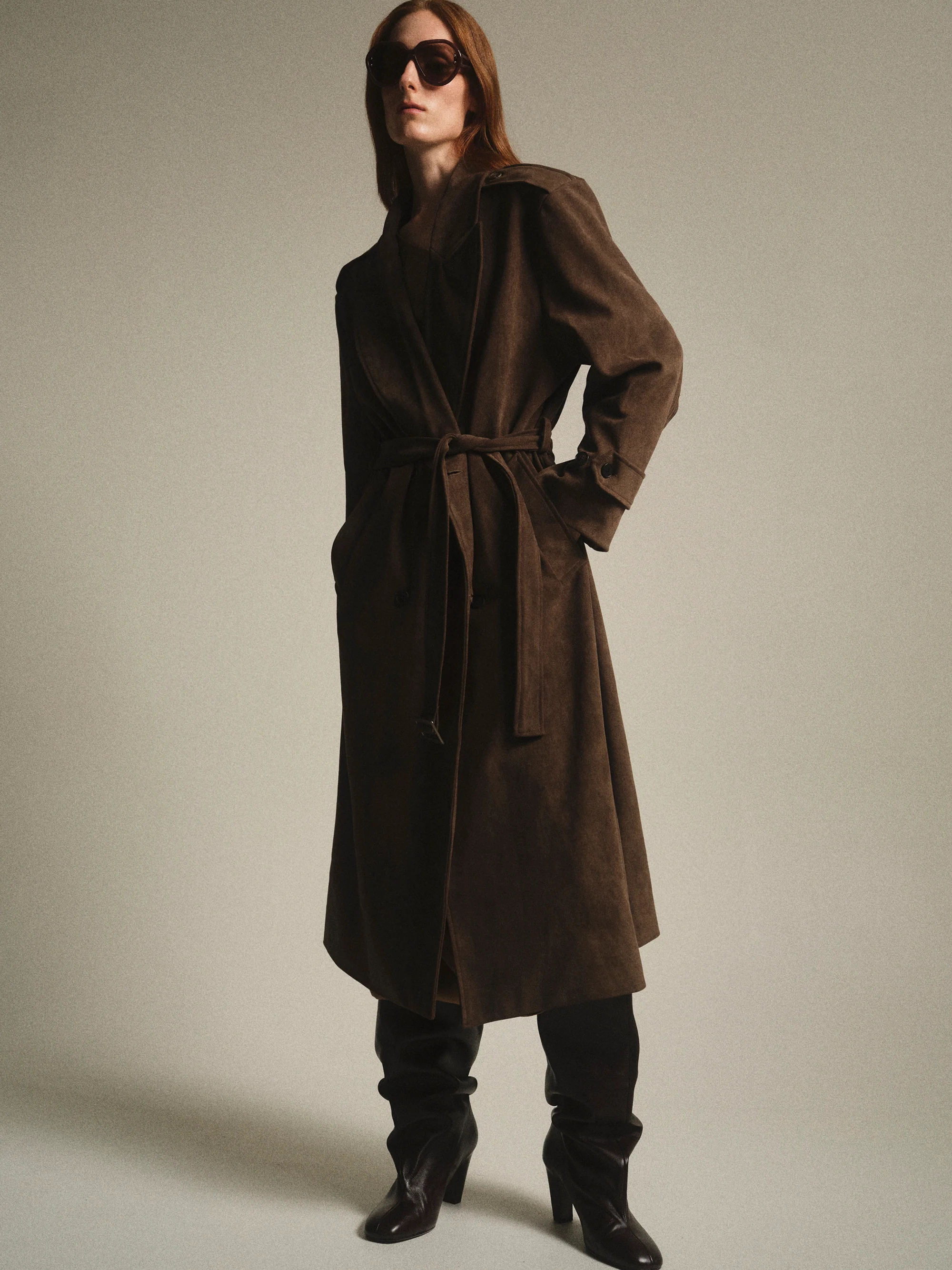 Faux Suede Long Trench, Brown - Image 4