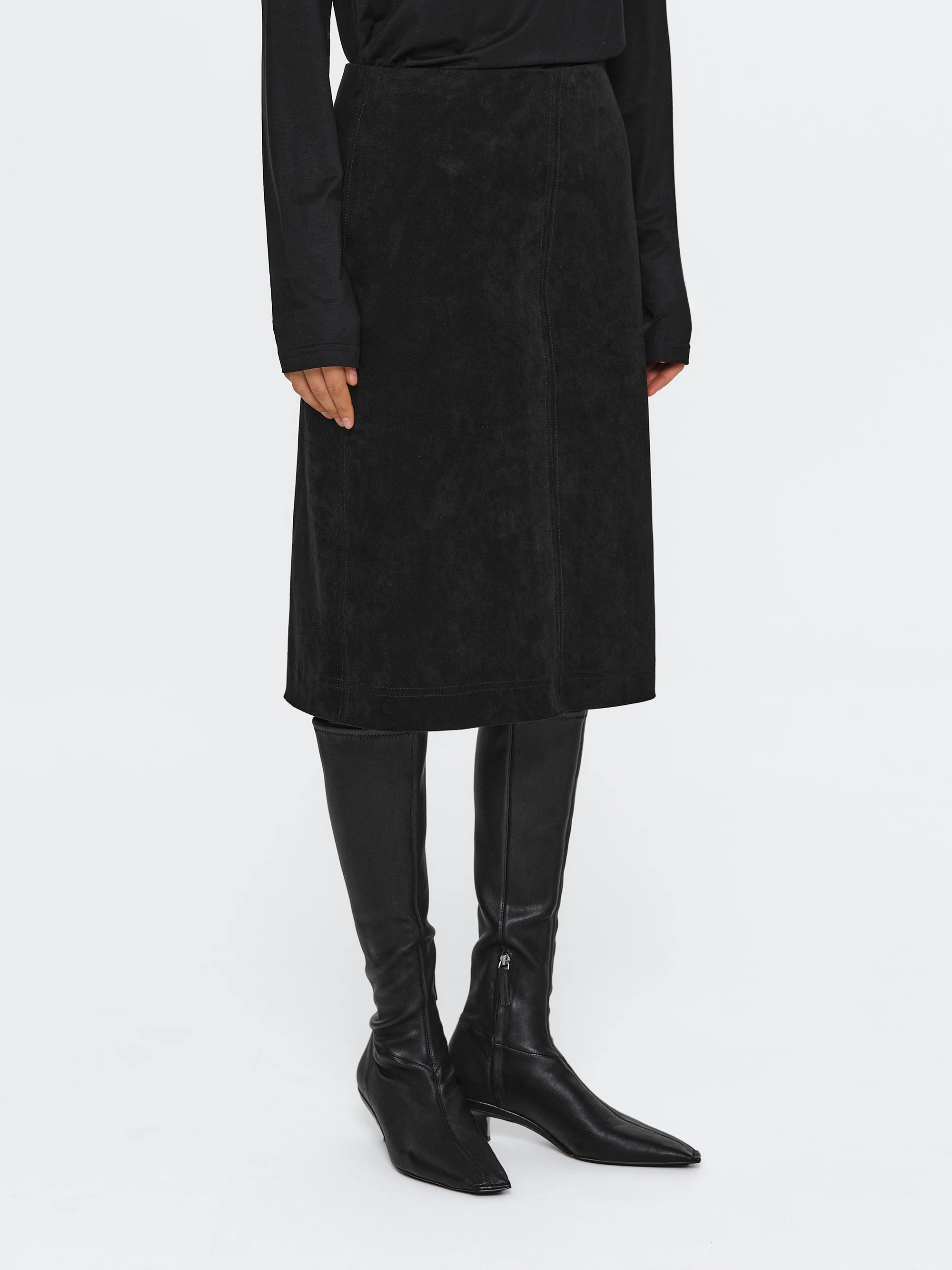 Faux Suede Midi Skirt, Black